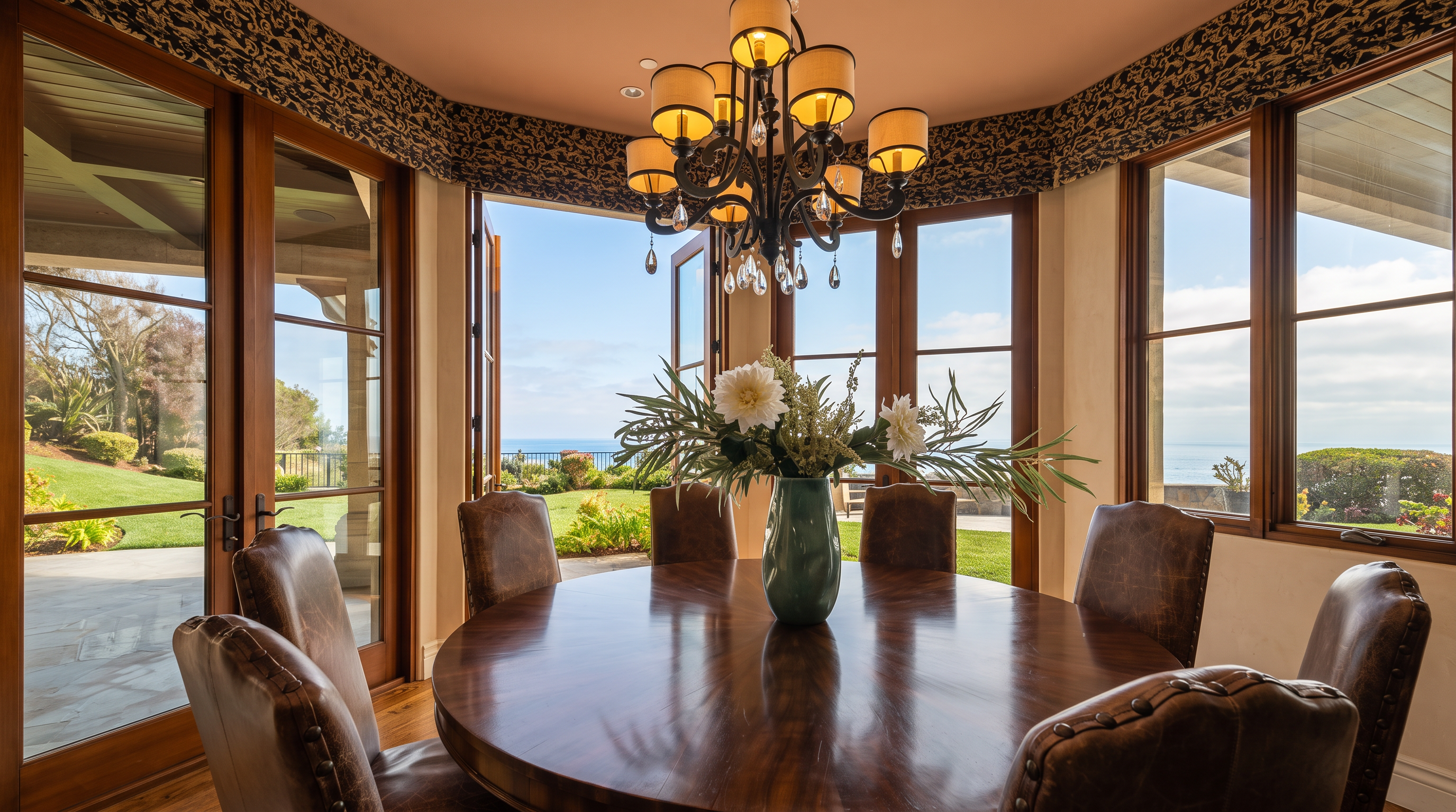 This elegant dining room features a large, circular dark wood table surrounded by six leather-upholstered chairs with nailhead trim. The space is defined by a dramatic, multi-tiered iron chandelier hanging above the table and a curved wall of large windows that provide expansive ocean views. A decorative patterned valance runs along the top of the windows, adding a touch of traditional sophistication to the bright, airy room.