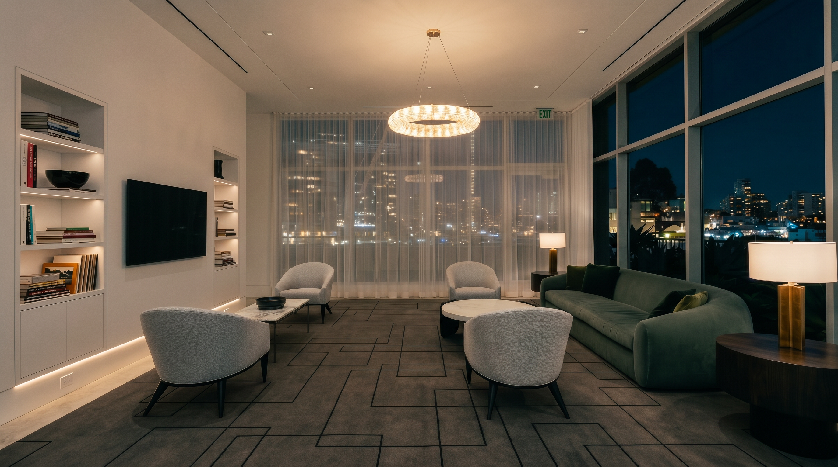 This sophisticated living room features a contemporary design with a large, dark green sofa and four grey armchairs arranged around two low coffee tables. The space is anchored by a large area rug with a geometric pattern and illuminated by a prominent circular chandelier. Large windows along the right wall provide ample natural light and a view of the city skyline, while built-in shelving displays books and decor.