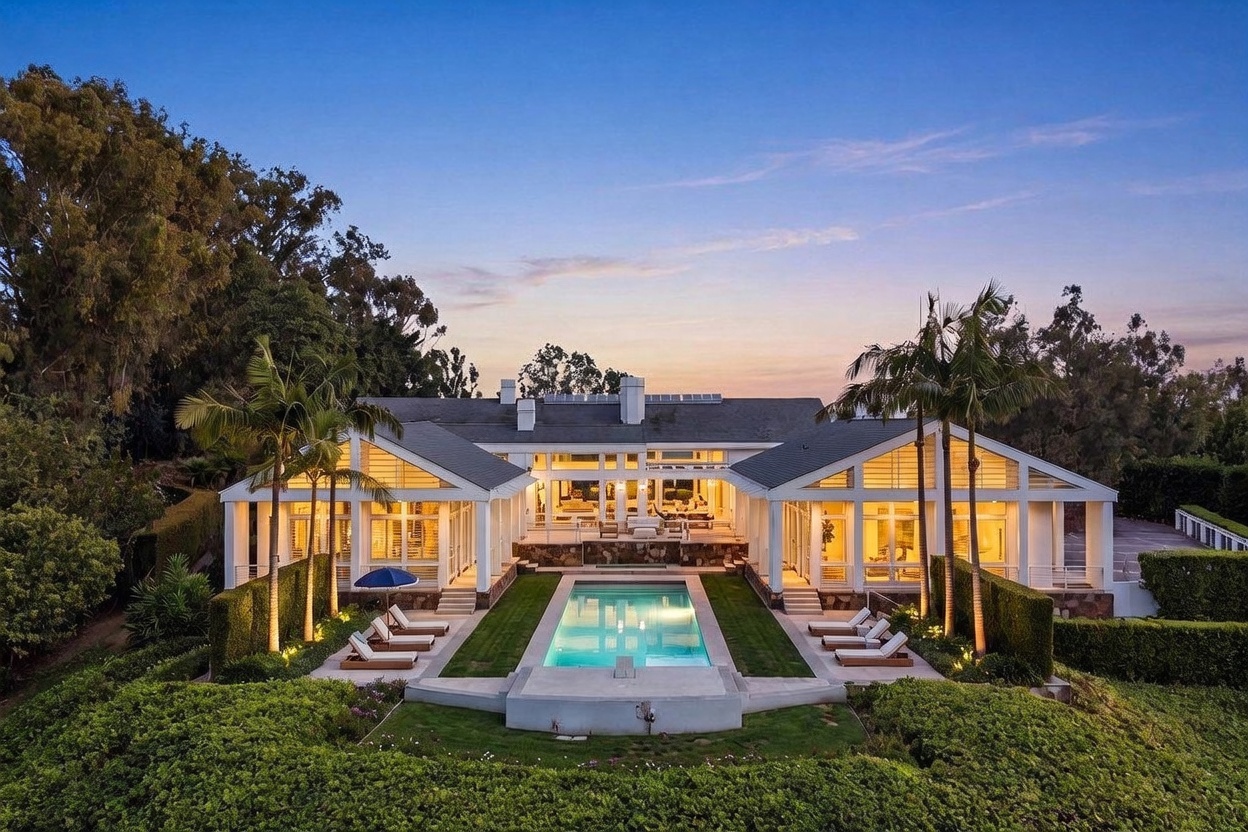 This stunning rear exterior view showcases a sprawling, symmetrical estate with a large, rectangular swimming pool as the central focal point. The home features white siding, numerous large windows, and a classic architectural design that opens directly onto a manicured lawn and stone patio area. Surrounded by lush greenery and tall palm trees, the property exudes a serene, resort-like atmosphere during the golden hour.