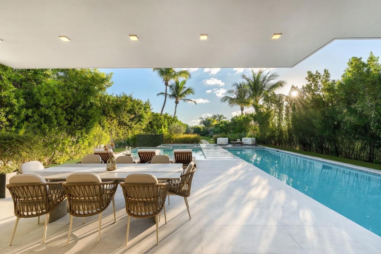 This expansive covered patio features a modern dining set and overlooks a sleek, rectangular swimming pool set against a lush, green backyard. The space is designed for seamless indoor-outdoor living, with a clean, minimalist aesthetic and recessed lighting in the ceiling. The perspective captures the transition from the shaded dining area to the sun-drenched pool deck and tropical landscaping beyond.