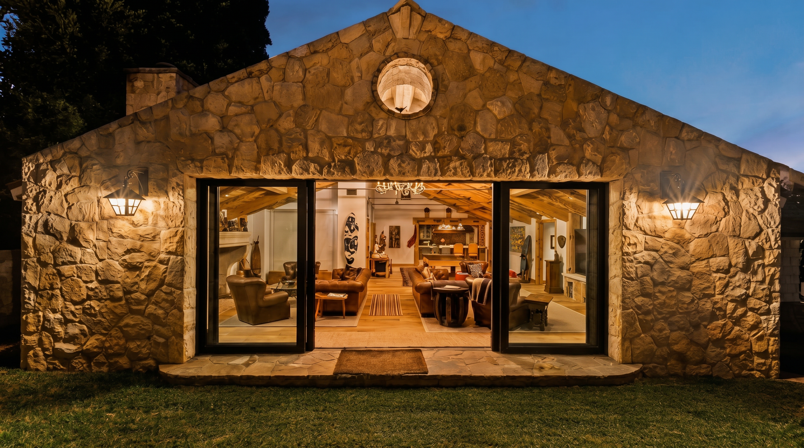 This image captures the rear exterior of a rustic, stone-clad residence at dusk, featuring a large, open-concept living space visible through expansive sliding glass doors. The warm interior lighting contrasts beautifully with the cool evening sky, highlighting the exposed wooden ceiling beams and comfortable lounge furniture inside. The structure is framed by a manicured lawn in the foreground, creating an inviting and sophisticated atmosphere for indoor-outdoor living.