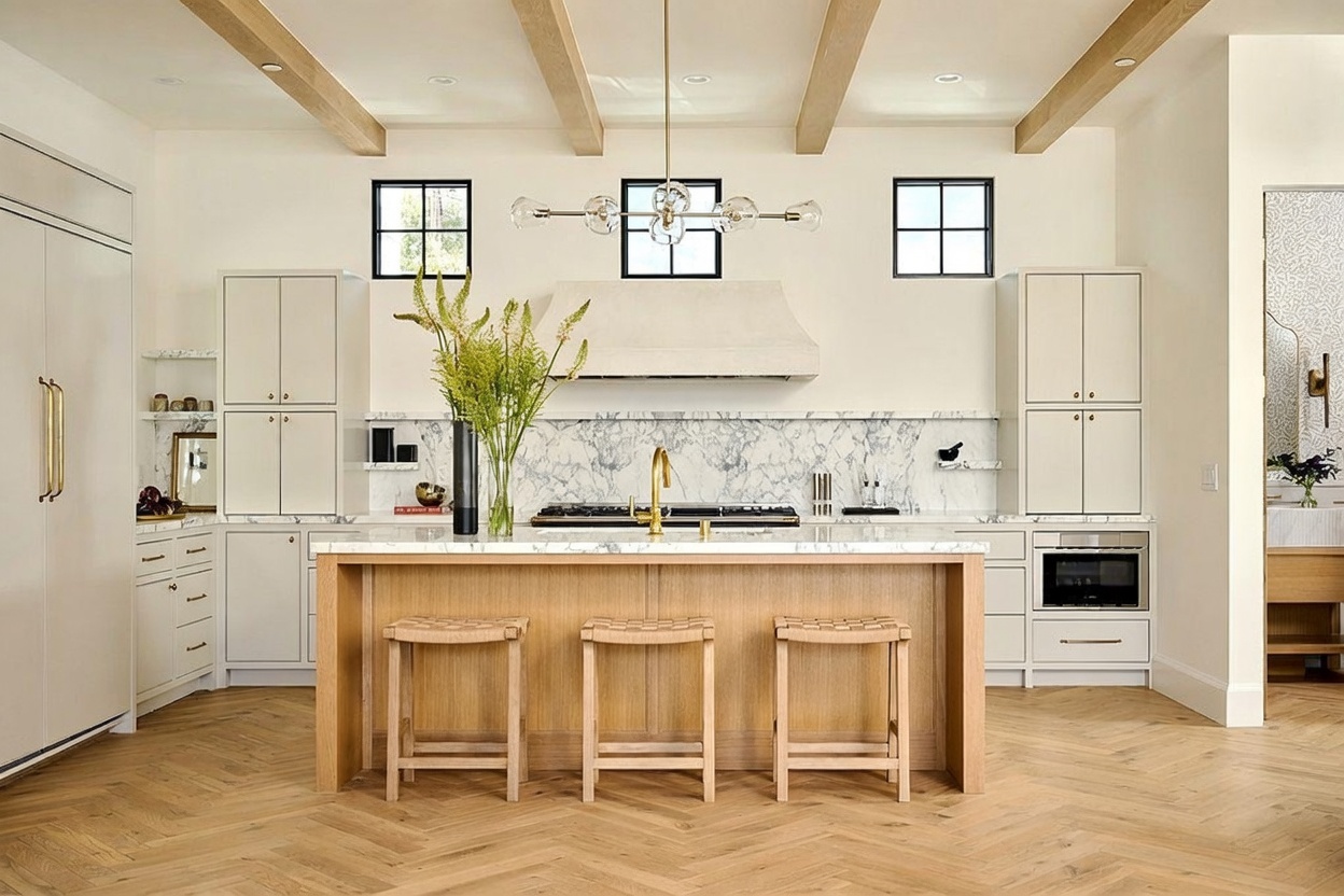 This bright, modern kitchen features a large central island with light wood cabinetry and three woven bar stools. The space is anchored by a stone-clad backsplash and a custom range hood, complemented by light-toned cabinetry and herringbone-patterned wood flooring. A unique, multi-globe chandelier hangs above the island, while exposed wooden beams on the ceiling add architectural interest to the room.
