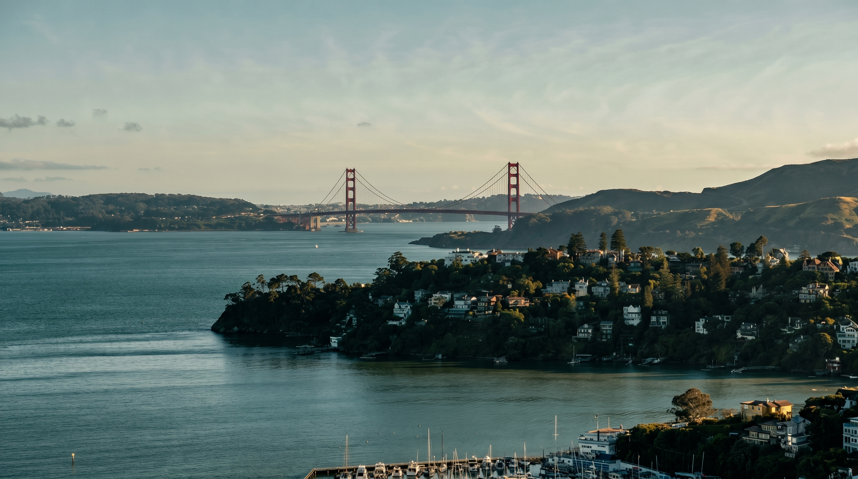 This high-angle aerial view captures a stunning coastal landscape featuring the iconic Golden Gate Bridge in the distance. In the foreground, a marina filled with boats sits along a lush, tree-covered hillside dotted with residential homes. The scene offers a serene and expansive perspective of the bay, highlighting the desirable waterfront location and scenic surroundings.