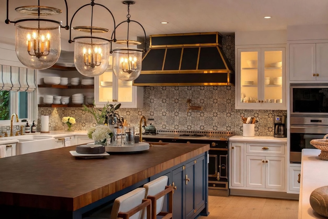 This sophisticated kitchen features a large central island with a dark wood-toned countertop and blue cabinetry, complemented by white perimeter cabinets and open shelving. A striking black and gold range hood serves as a focal point above a professional-style range, set against a backdrop of intricate patterned tile. The space is illuminated by three large glass pendant lights, creating a warm and inviting atmosphere with a blend of classic and modern design elements.