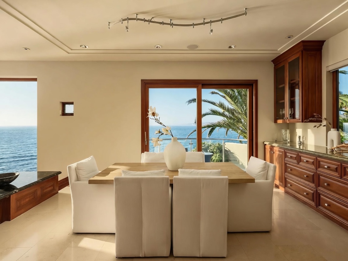 This elegant dining room features a light wood table surrounded by four white upholstered chairs, centered in front of a large sliding glass door that frames a stunning ocean view. To the right, a built-in wooden cabinetry unit with glass-front upper cabinets provides ample storage and display space, complemented by a stone countertop. The room is illuminated by a modern track lighting system mounted on the ceiling, creating a bright and sophisticated atmosphere.