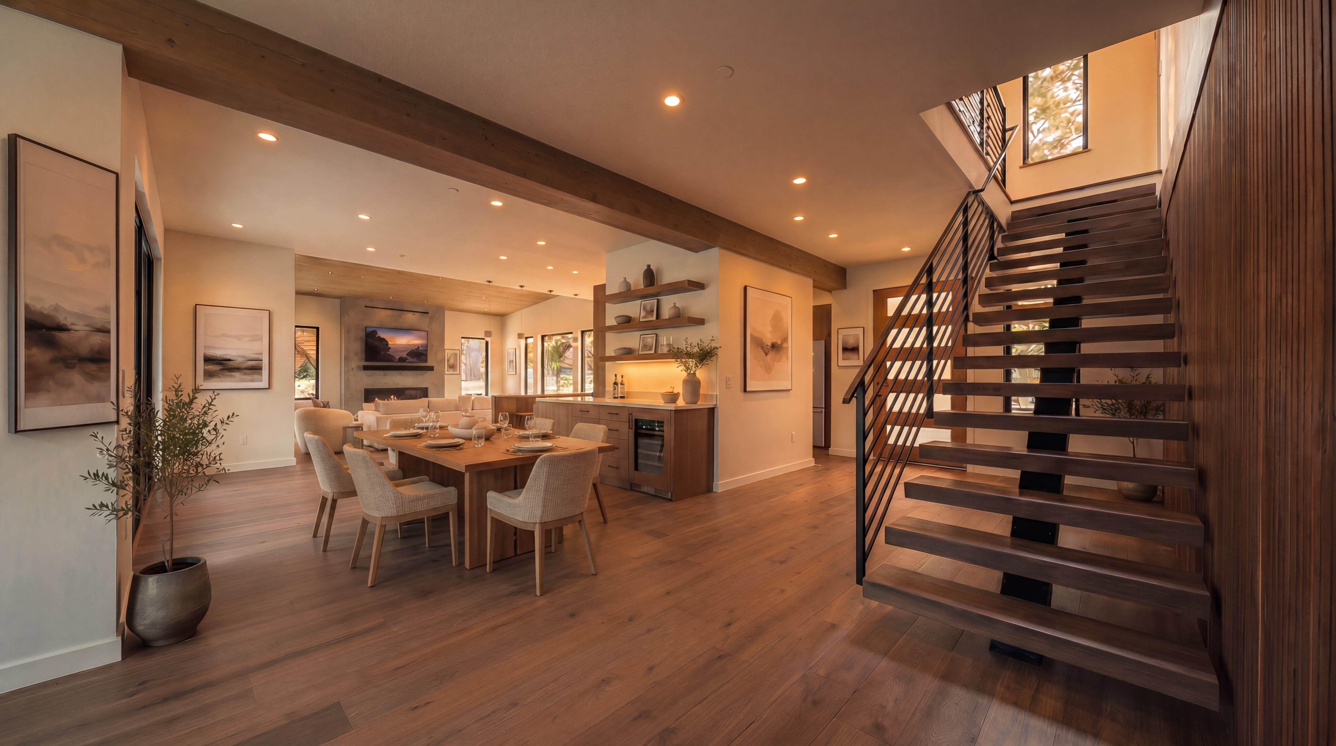 This spacious, modern entry area features an open floor plan transition between a living room with a fireplace and a staircase with floating wood treads and a black metal railing. The design showcases warm wood flooring, recessed lighting, and high ceilings with architectural beams, creating an airy and sophisticated atmosphere. A custom wet bar area with floating shelves serves as a bridge, highlighting the home's cohesive blend of contemporary materials and organic textures.