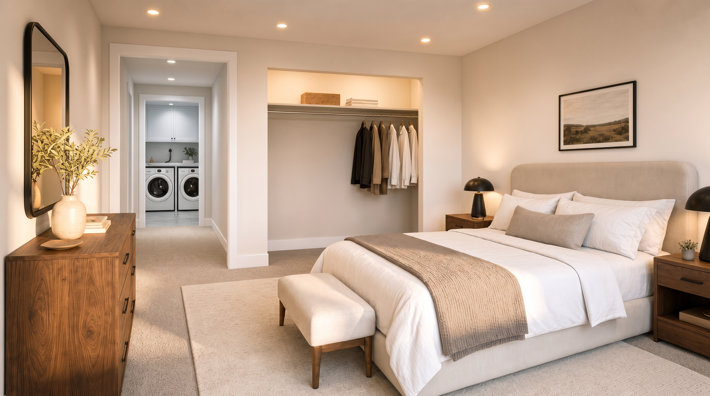 This tranquil primary bedroom features a neutral color palette, a plush upholstered bed, and minimalist decor for a calm, sophisticated feel. The room includes a stylish wooden dresser, an integrated closet, and bedside tables provided with modern lamps. A seamless transition leads to an adjoining hallway and laundry space, highlighting an efficient and contemporary floor plan.