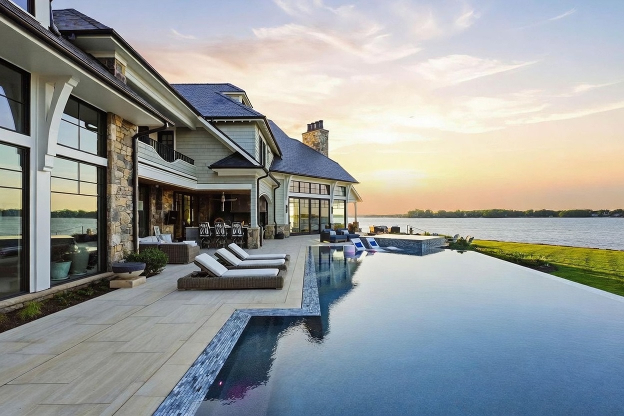 This stunning waterfront estate features a sprawling stone patio that seamlessly transitions into an infinity-edge pool overlooking a calm lake at sunset. The home showcases a sophisticated architectural design with shingle-style siding, stone accents, and expansive glass doors that open to a covered outdoor living area. The scene captures a serene, high-end lifestyle, emphasizing the integration of luxury indoor-outdoor living spaces with natural surroundings.