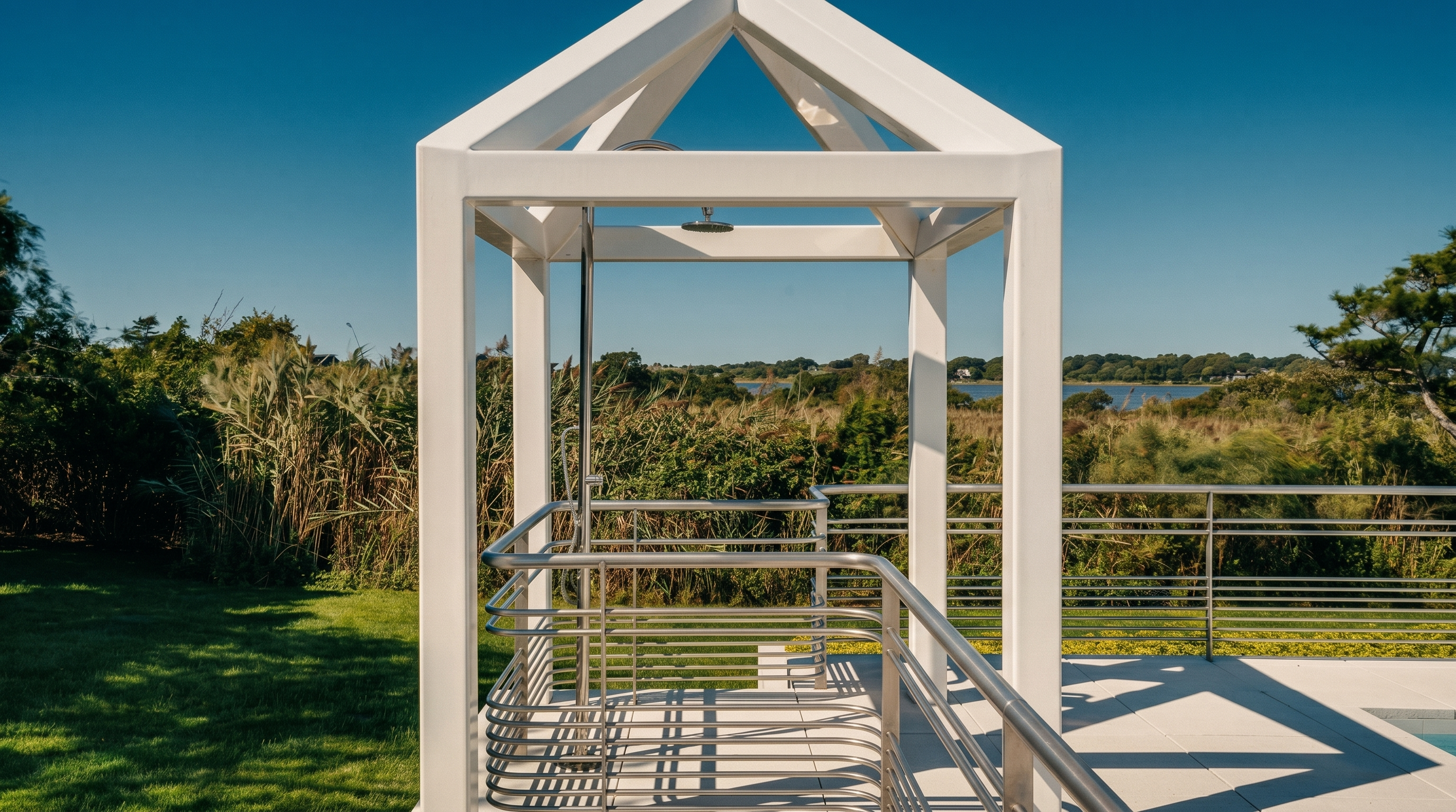 This outdoor space features a modern, white-framed open-air shower structure positioned on a paved patio area. The shower is equipped with a sleek metal fixture and is surrounded by stainless steel railings, offering a clear view of the lush green landscape and distant water beyond. The bright, sunny atmosphere highlights the clean lines of the architecture and the well-maintained lawn, creating a serene and luxurious poolside environment.