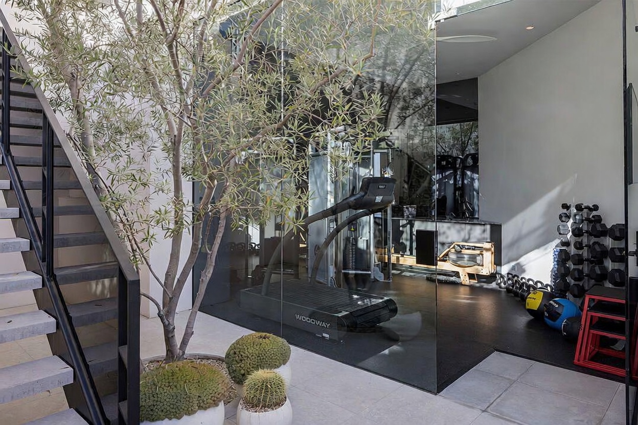 This modern home gym is enclosed by floor-to-ceiling glass walls, creating a seamless transition between the indoor workout space and the adjacent outdoor area. The gym is equipped with a Woodway treadmill, a rowing machine, and a rack of dumbbells, all set against a backdrop of a sleek, dark-toned interior. Outside the glass, a sculptural tree and potted cacti add a touch of nature to the minimalist, contemporary architectural design.