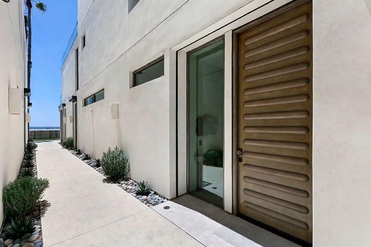 This perspective captures a sleek, modern side entryway featuring a textured, horizontal-slat wooden door set against a crisp white stucco wall. A long, narrow concrete walkway leads toward the ocean, flanked by minimalist landscaping with small succulents and river stones. The clean lines and contemporary architectural style create a sophisticated, coastal aesthetic.