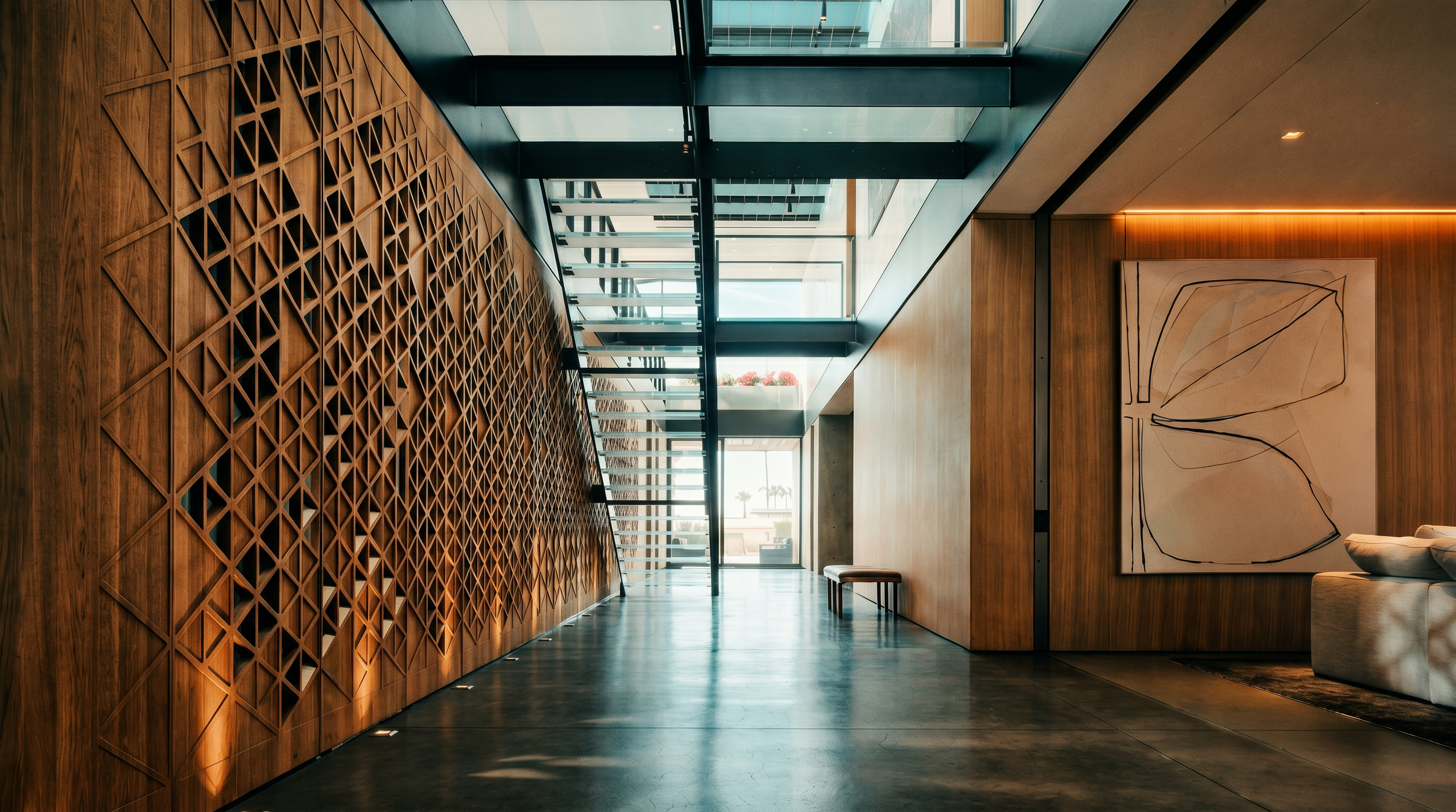 This striking interior hallway features a dramatic, multi-story glass and steel staircase that serves as the architectural centerpiece. A large, intricate geometric wood-paneled wall adds texture and warmth, contrasting beautifully with the polished concrete floors and minimalist aesthetic. The perspective looks down the long, light-filled corridor toward an open doorway, emphasizing the home's spacious and modern design.