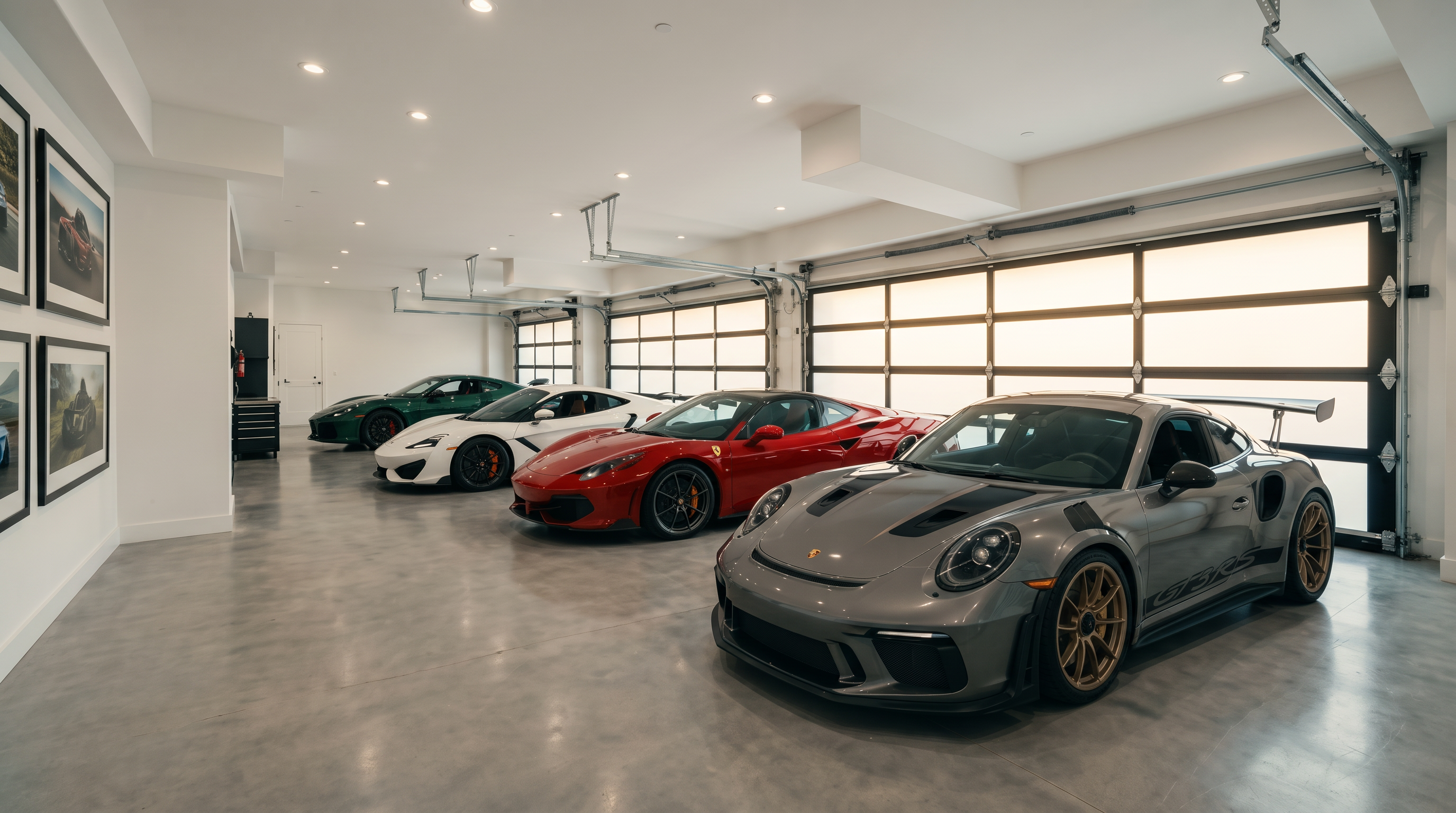 This expansive, high-end garage features a polished concrete floor and a clean, minimalist aesthetic designed to showcase a collection of luxury sports cars. The space is illuminated by numerous recessed ceiling lights and includes large, frosted glass garage doors that allow for soft, diffused natural light. The perspective is a wide-angle shot from the corner, emphasizing the depth and professional-grade organization of the automotive display area.