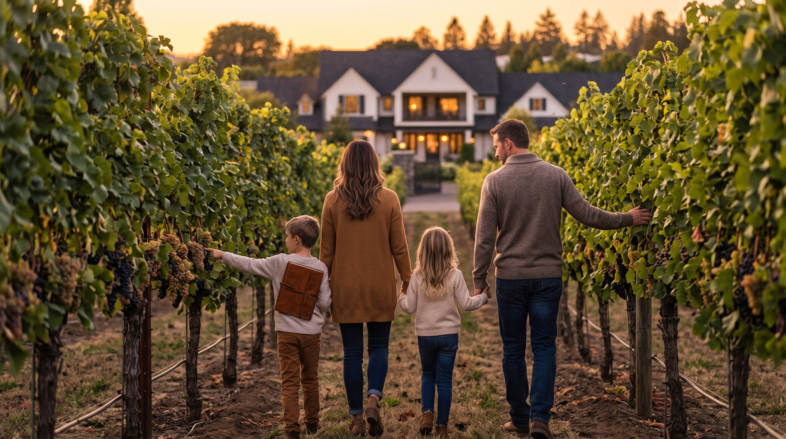 This picturesque scene features a family walking through a lush, well-maintained vineyard leading toward a grand, multi-story traditional home. The expansive grounds and mature vines suggest a serene, luxury estate setting, ideal for those seeking a property with private agricultural features or scenic landscape elements. The warm sunset lighting highlights the inviting ambiance of the property, emphasizing its appeal as an upscale residence.
