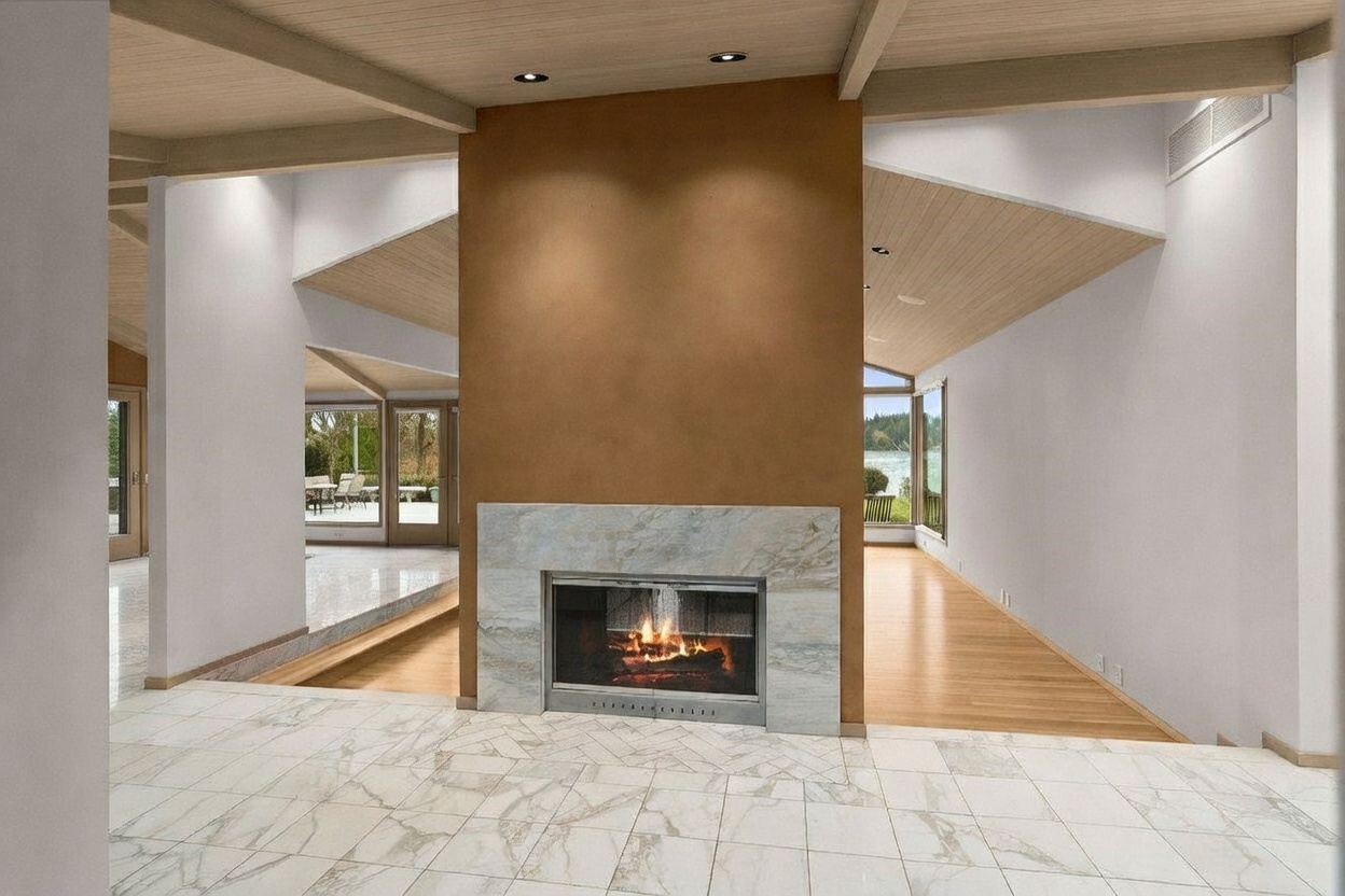This interior view showcases a central, double-sided fireplace featuring a stone surround and a burning fire, acting as a focal point between two distinct living areas. The space is defined by a light-colored, large-format tile floor in the foreground and light wood flooring in the adjacent rooms, complemented by a vaulted wood-paneled ceiling. The open-concept layout provides clear sightlines through to the exterior, creating a bright and airy atmosphere with a modern, architectural aesthetic.