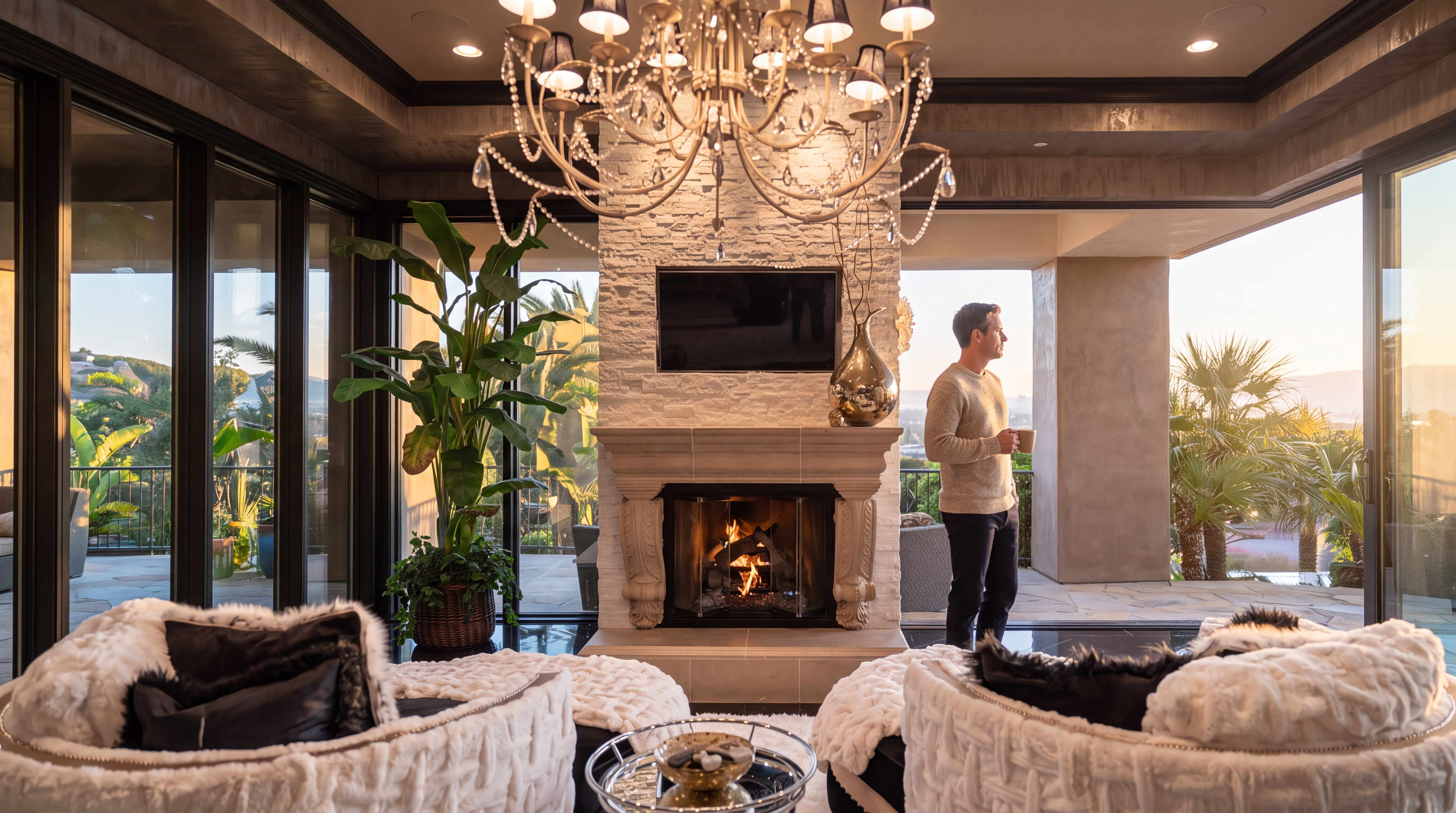 This elegant, contemporary living room features a striking stone fireplace with an integrated TV and a grand crystal chandelier that anchors the space. Large, floor-to-ceiling glass sliding doors seamlessly connect the indoors to an expansive outdoor patio, bathing the room in warm, natural golden hour light. The high-end finishes, lush greenery, and sophisticated lounge furniture create a luxurious and inviting atmosphere.