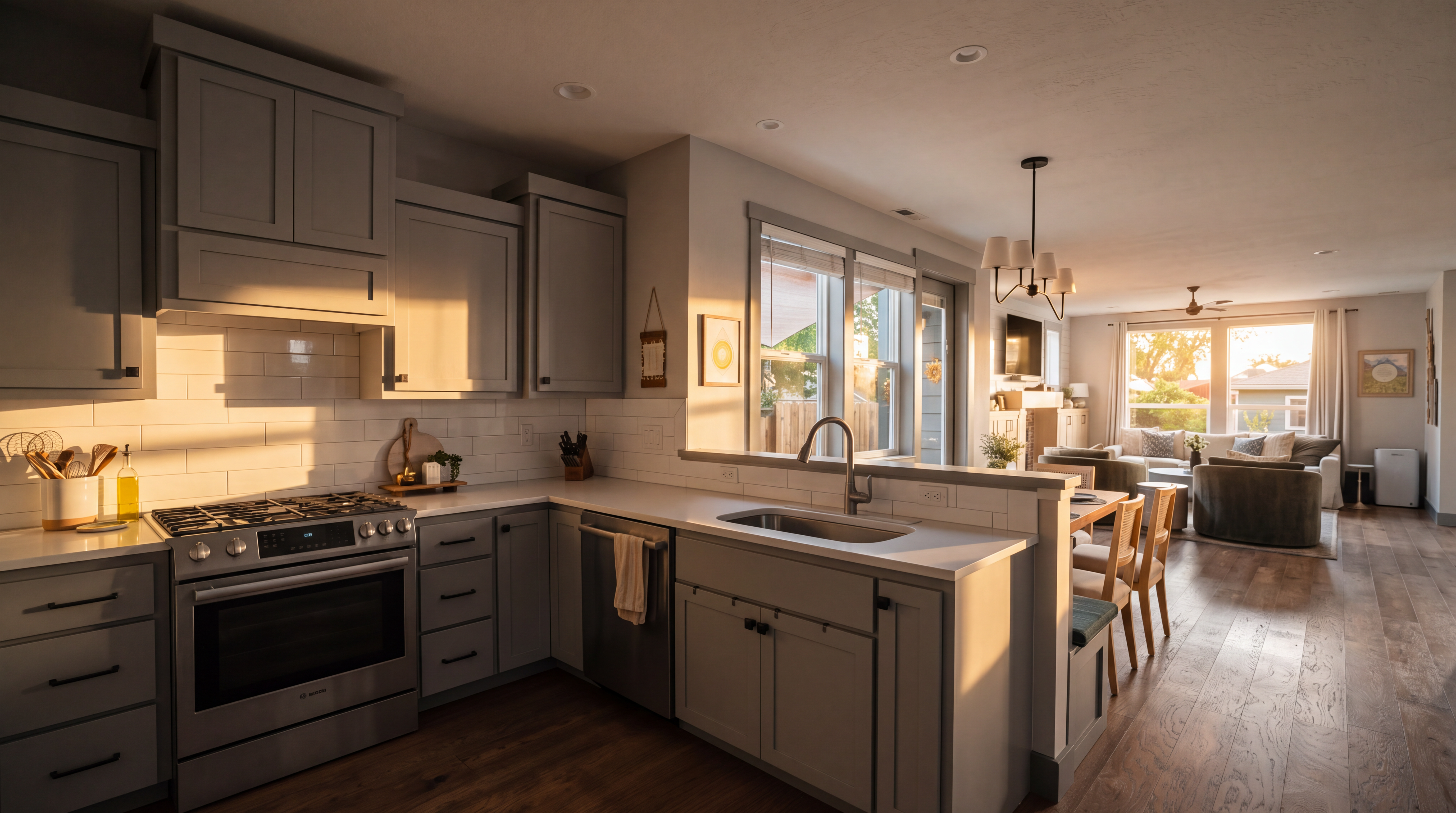 This bright, open-concept kitchen features light gray cabinetry paired with white countertops and a white subway tile backsplash. A stainless steel gas range and dishwasher are integrated into the layout, which flows seamlessly into a dining area and living room beyond. The space is illuminated by recessed lighting and a decorative chandelier, creating a cohesive and inviting atmosphere with warm wood flooring throughout.