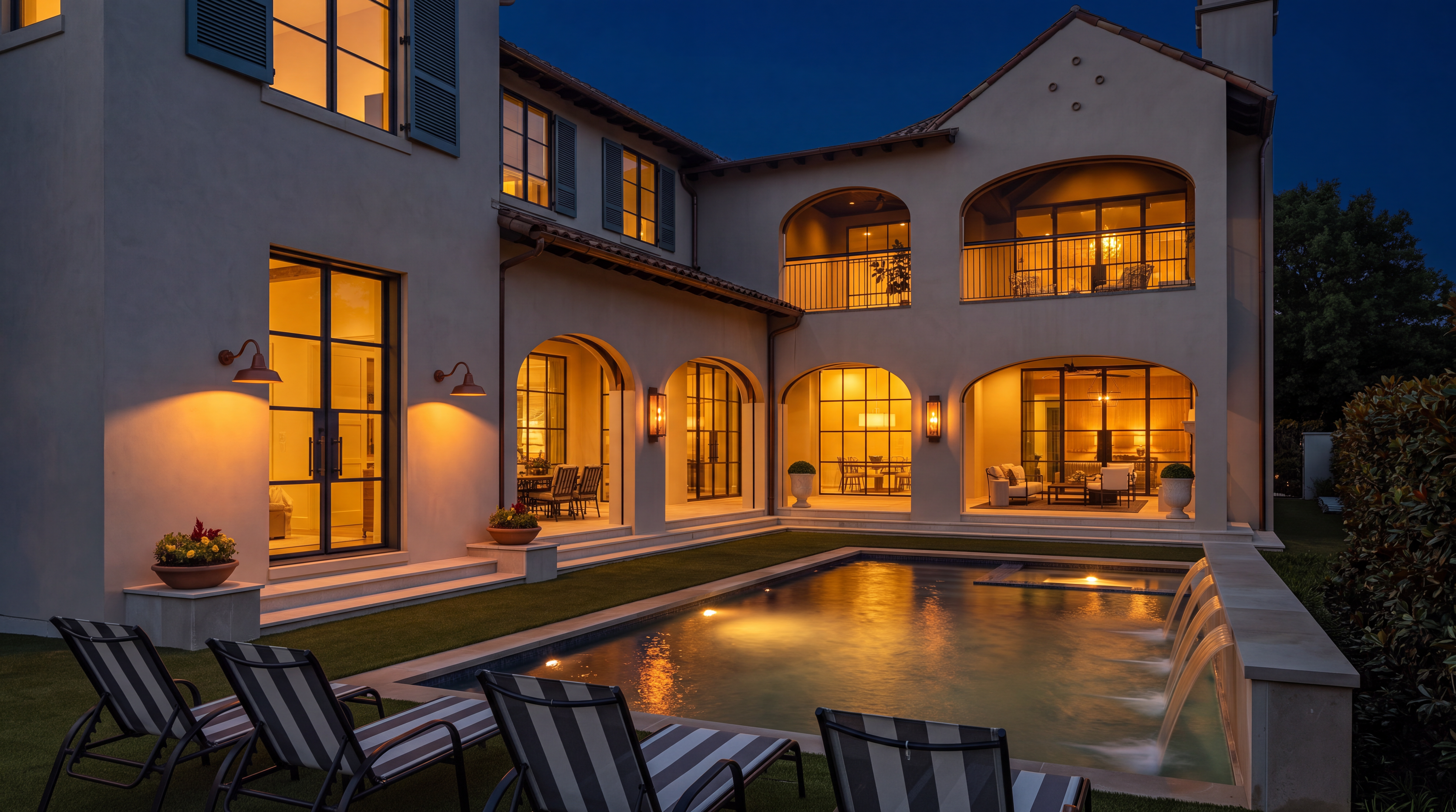 This sophisticated, Mediterranean-style estate features a stunning rear exterior highlighted by an illuminated pool with fountains and resort-style lounge seating. The home showcases expansive glass doors, multiple arched loggias, and a beautifully landscaped backyard, creating a balanced blend of indoor-outdoor luxury living. The warm, inviting lighting enhances the architectural details, making it an ideal setting for nighttime entertaining.