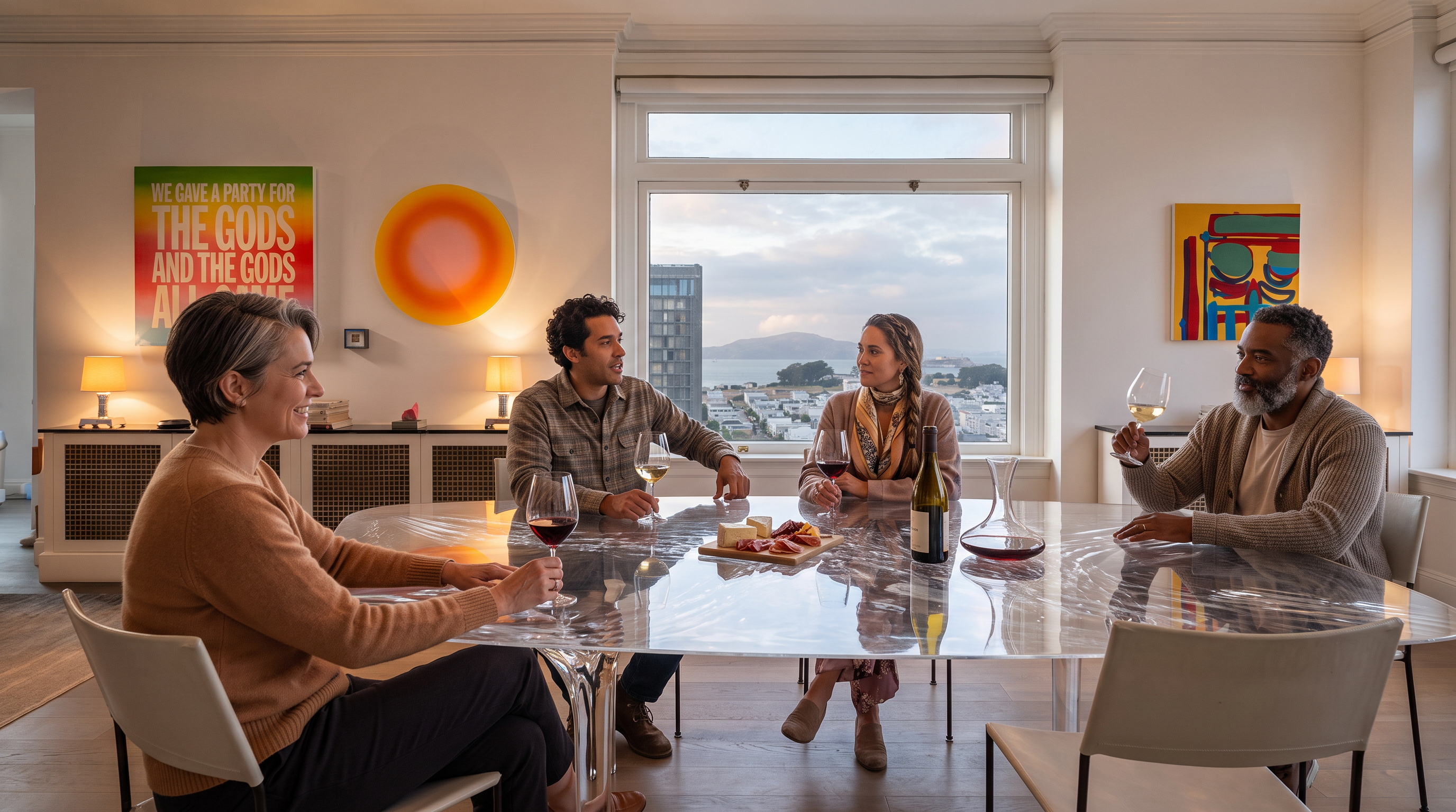 This sophisticated dining room features a large, clear glass-topped table as the centerpiece, surrounded by minimalist chairs. The space is adorned with vibrant, modern art pieces and illuminated by a unique, multi-armed contemporary chandelier. A large window provides a panoramic view of the city and bay, while a long, low-profile storage unit with a metal mesh front runs along the wall, topped with lamps and decorative objects.