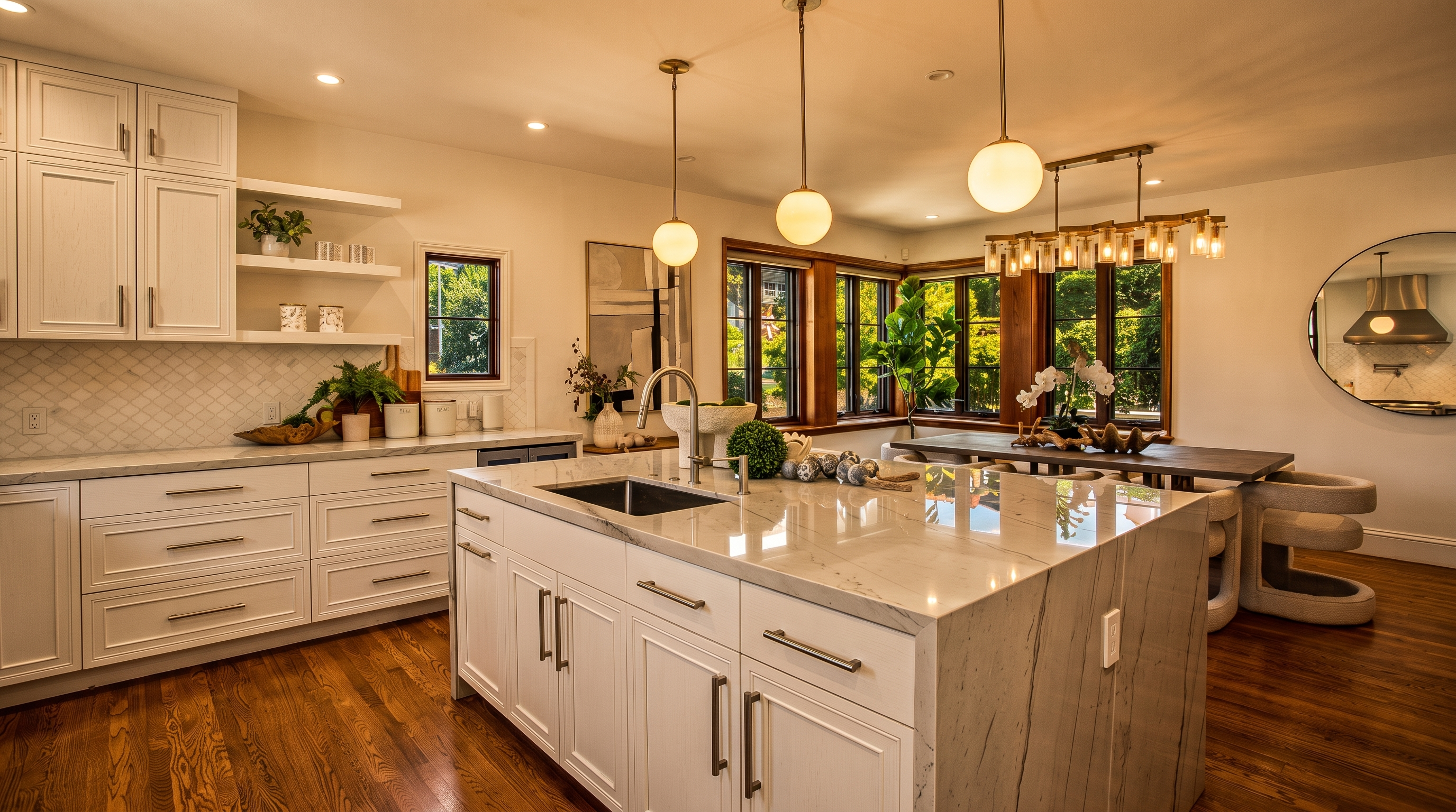 This bright and airy kitchen features white cabinetry, a large central island with a stone countertop, and warm wood flooring. The space is illuminated by modern pendant lighting and large windows that provide ample natural light and views of the outdoors. A dining area is seamlessly integrated into the open-concept layout, creating a cohesive and inviting atmosphere for cooking and entertaining.