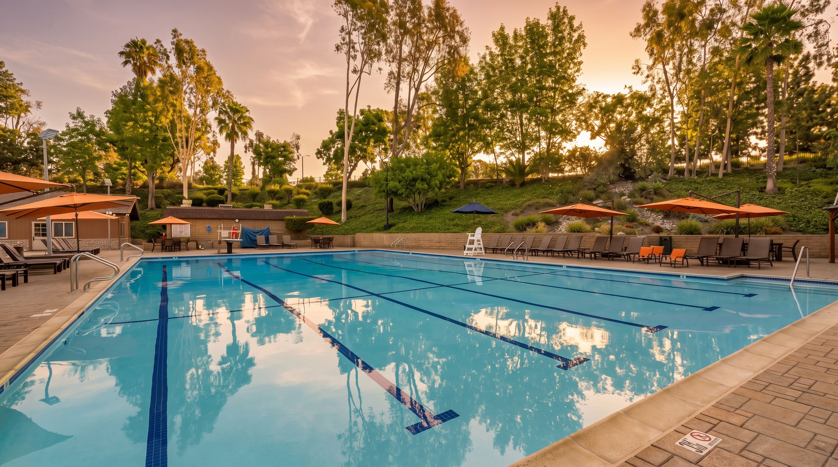 This image showcases a large, sparkling lap pool designed for community recreation, complete with multiple swim lanes and a surrounding paved deck. The pool area is well-appointed with numerous lounge chairs, patio umbrellas, and a lifeguard chair, all set against a scenic backdrop of mature trees and a manicured hillside. The space offers a serene and inviting atmosphere, making it a highly attractive feature for prospective residents.