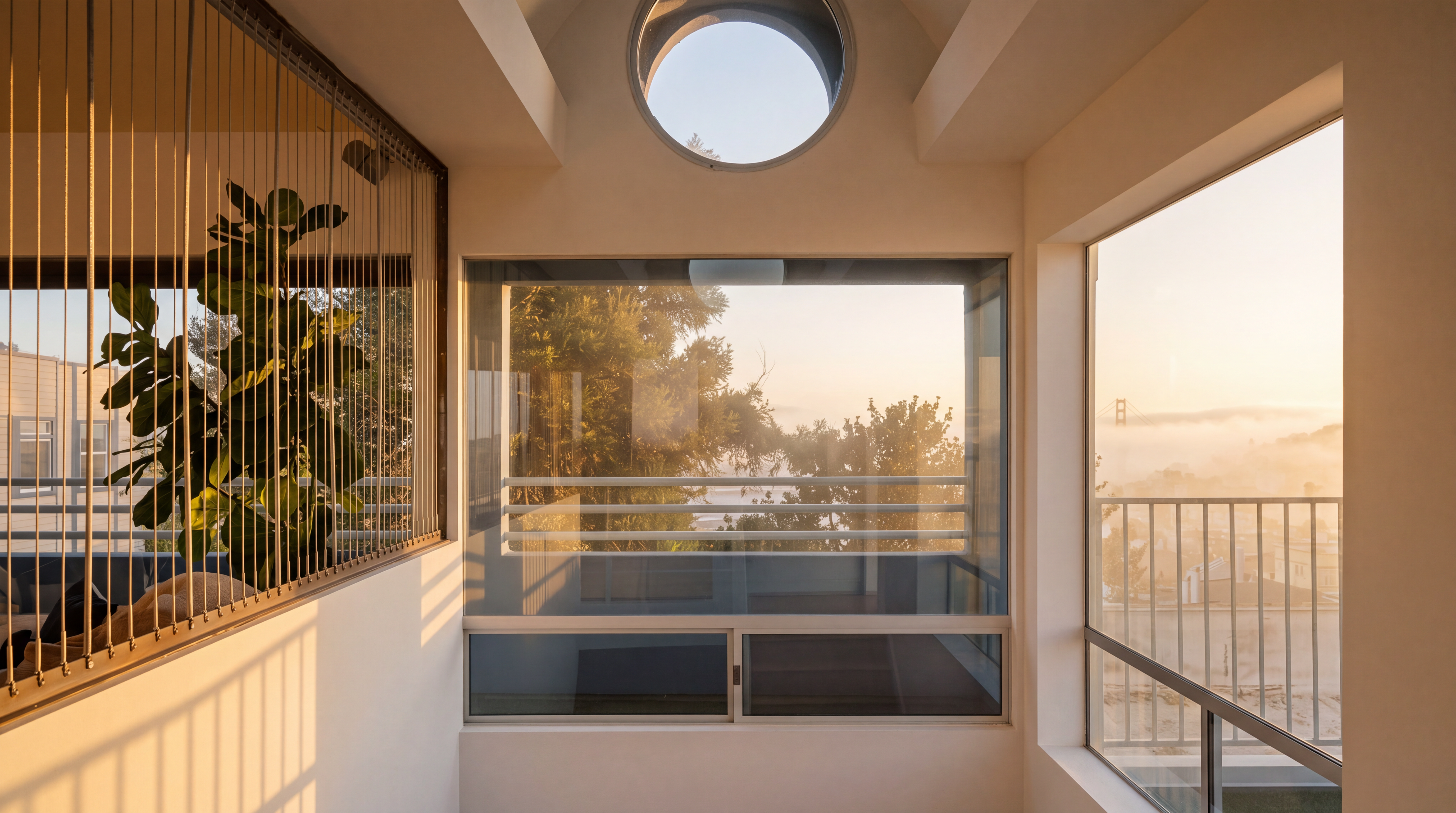 This bright, modern interior space features a unique architectural design with a circular skylight and large windows that frame a scenic outdoor view. A metal cable railing separates the landing from a plant-filled area, while the clean white walls and minimalist aesthetic emphasize the natural light. The perspective looks out toward a distant bridge, highlighting the home's elevated position and connection to the surrounding landscape.