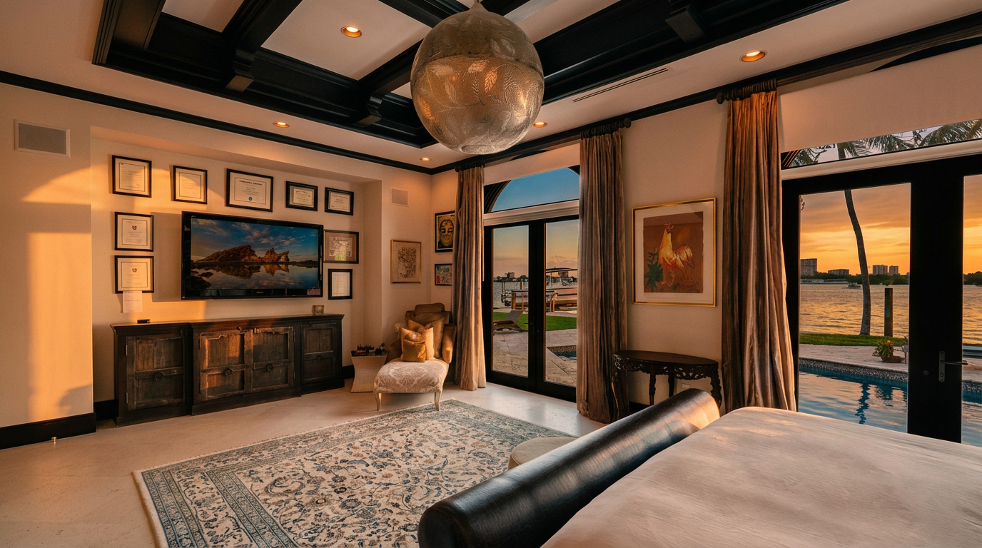 This luxurious primary bedroom features a coffered ceiling with dark trim and a large, ornate metallic pendant light. The room is anchored by a patterned area rug and includes a dark wood media console beneath a wall-mounted television surrounded by framed certificates. Large glass doors provide direct access to a waterfront view, allowing natural light to fill the space and highlighting the elegant, high-end aesthetic.