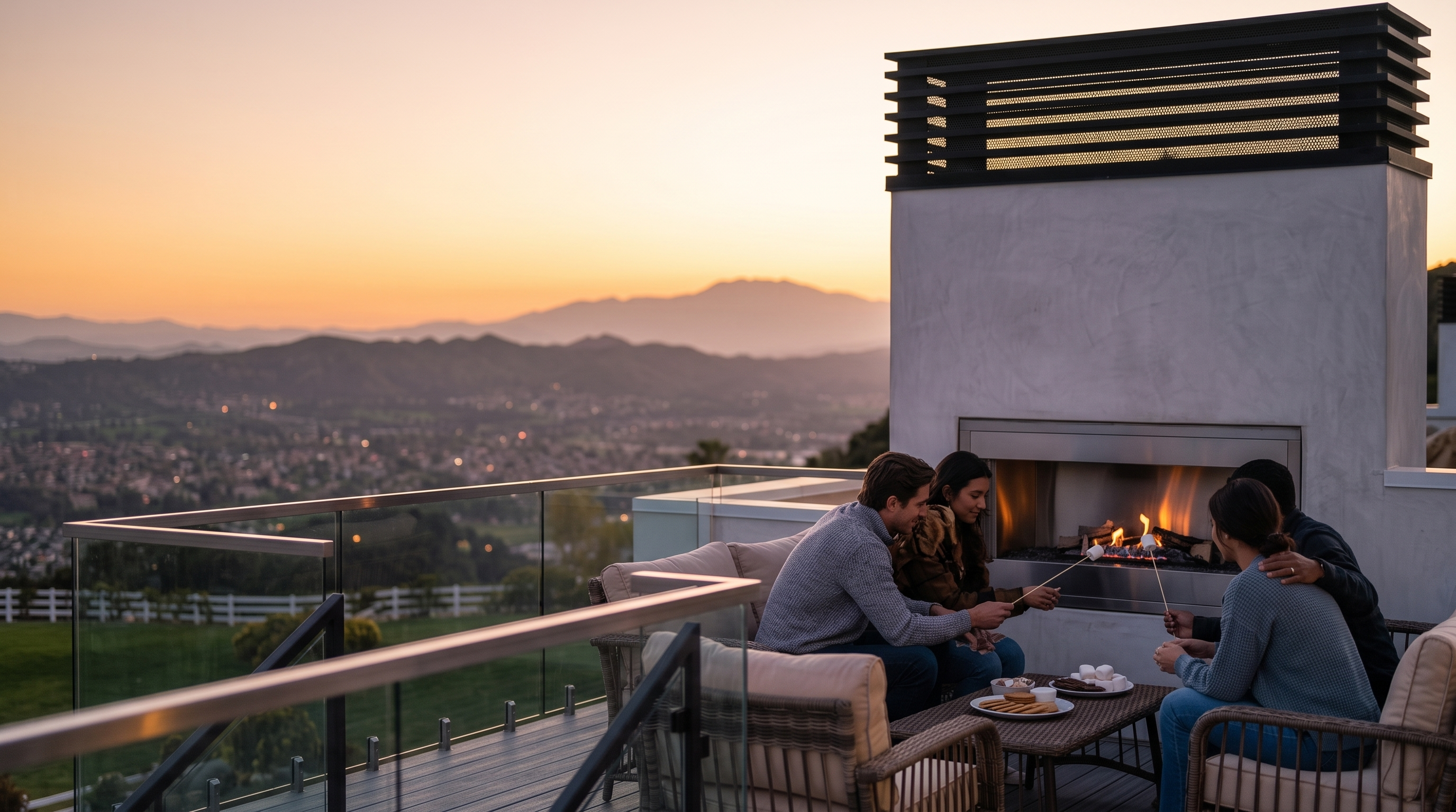 This stunning elevated deck offers breathtaking panoramic sunset views of the valley and mountains beyond. The space features modern composite decking, a sleek glass railing for unobstructed vistas, and comfortable outdoor furniture, making it an ideal setting for relaxation or entertaining. The clean, contemporary design seamlessly integrates with the natural landscape, highlighting the property's prime location.
