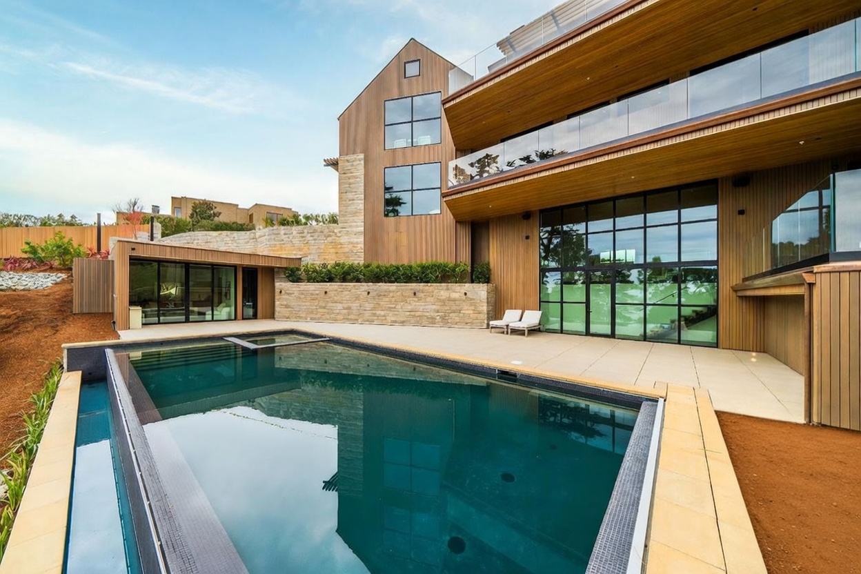 This modern luxury residence features a striking architectural design with vertical wood siding, stone accents, and expansive glass walls. A sleek, dark-tiled infinity-edge pool serves as the focal point of the outdoor space, complemented by a spacious stone patio and a separate glass-enclosed structure. The multi-level home includes a cantilevered upper balcony with glass railings, creating a sophisticated and contemporary aesthetic.