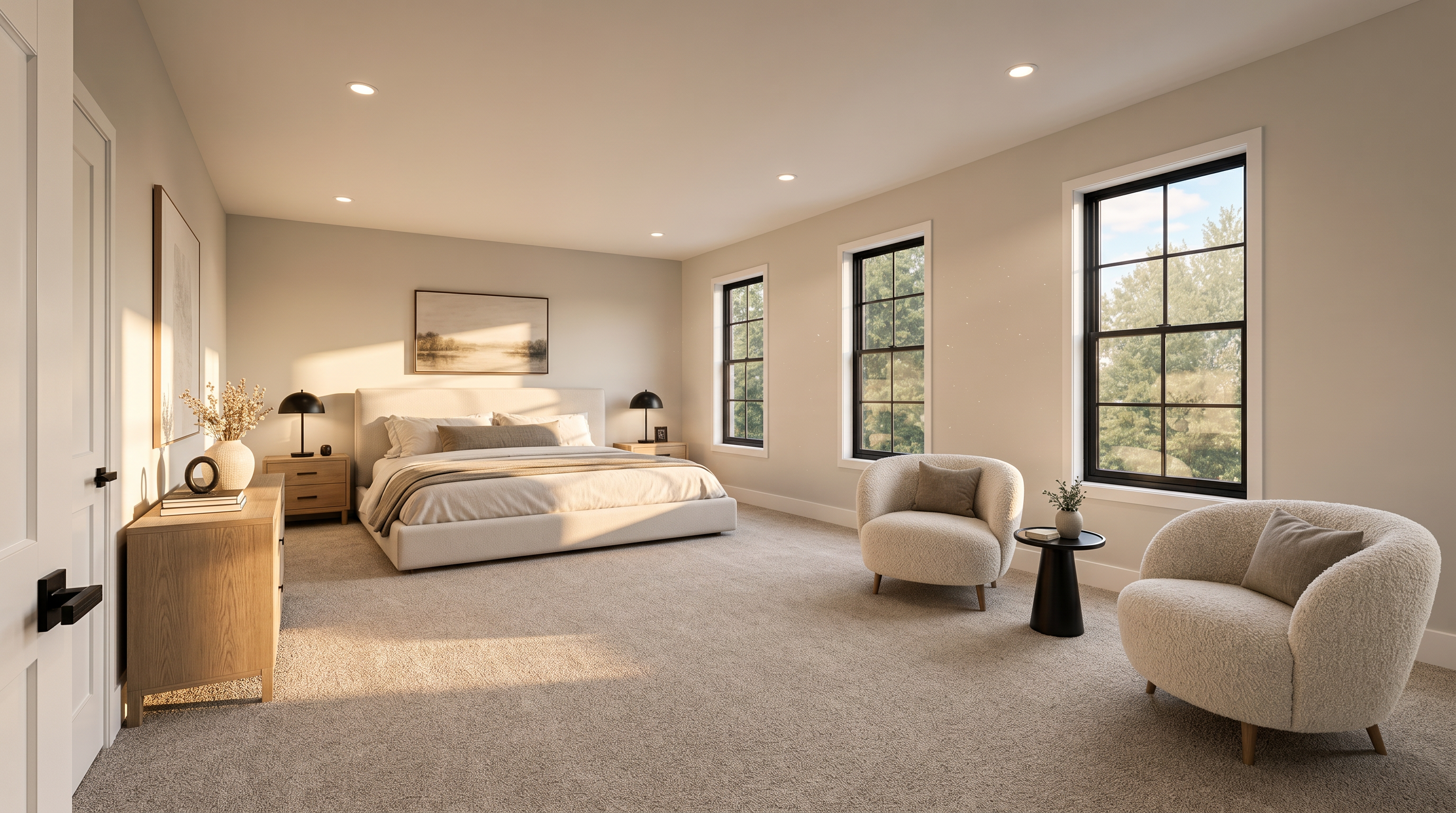 This image shows a spacious, unfinished interior room featuring grey drywall and exposed concrete flooring, suggesting a construction or renovation phase. The room is highlighted by three uniform, large windows that admit ample natural light, and the space is pre-wired for electrical fixtures. Its open layout provides a versatile blank canvas suitable for a living area or multipurpose room.
