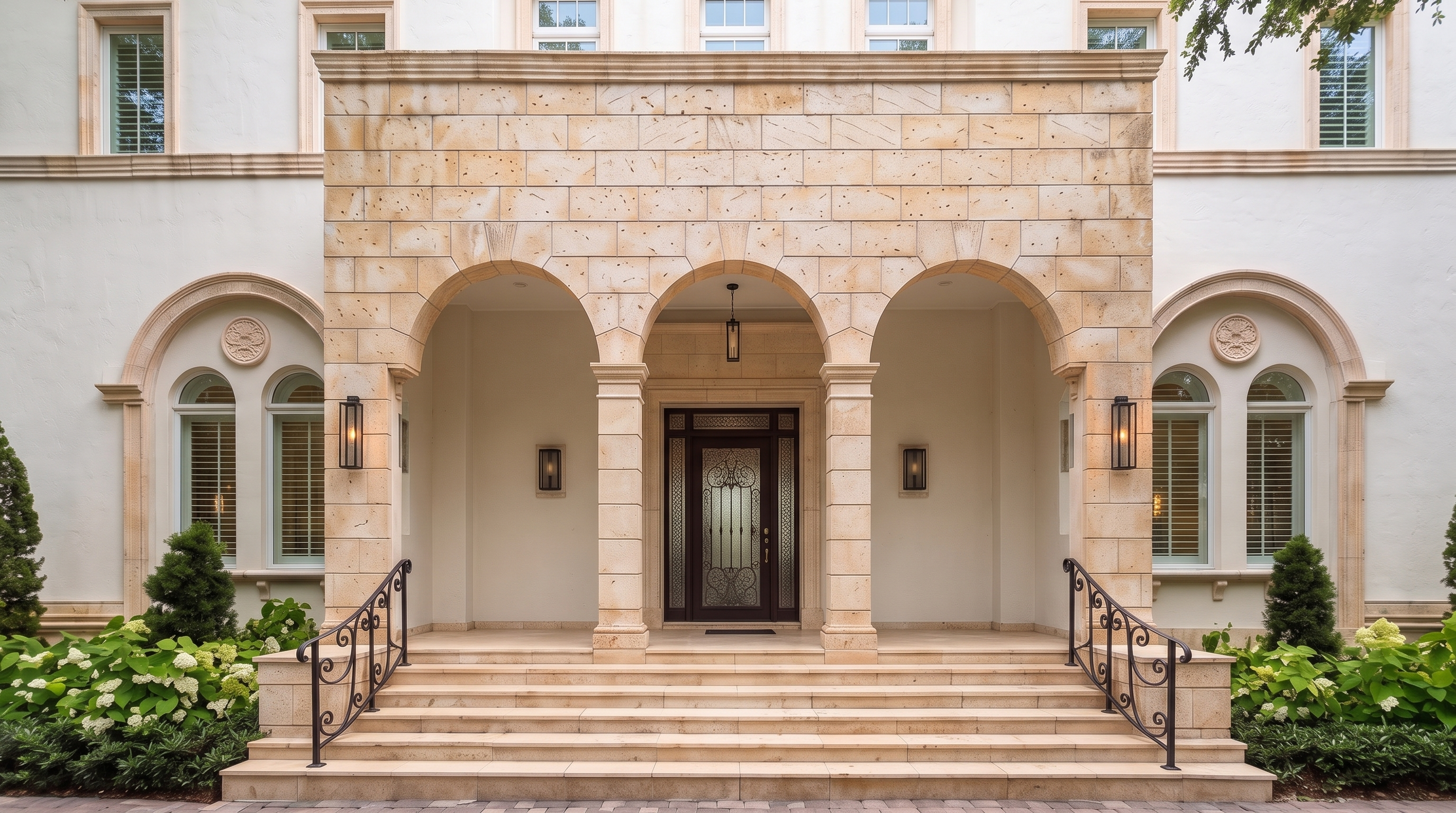 This elegant Mediterranean-style residence features a symmetrical white stucco facade complemented by a prominent stone entryway with three distinct arches. The grand front entrance is highlighted by polished stone steps, intricate wrought-iron railings, and perfectly landscaped greenery, conveying a sophisticated and high-end aesthetic.
