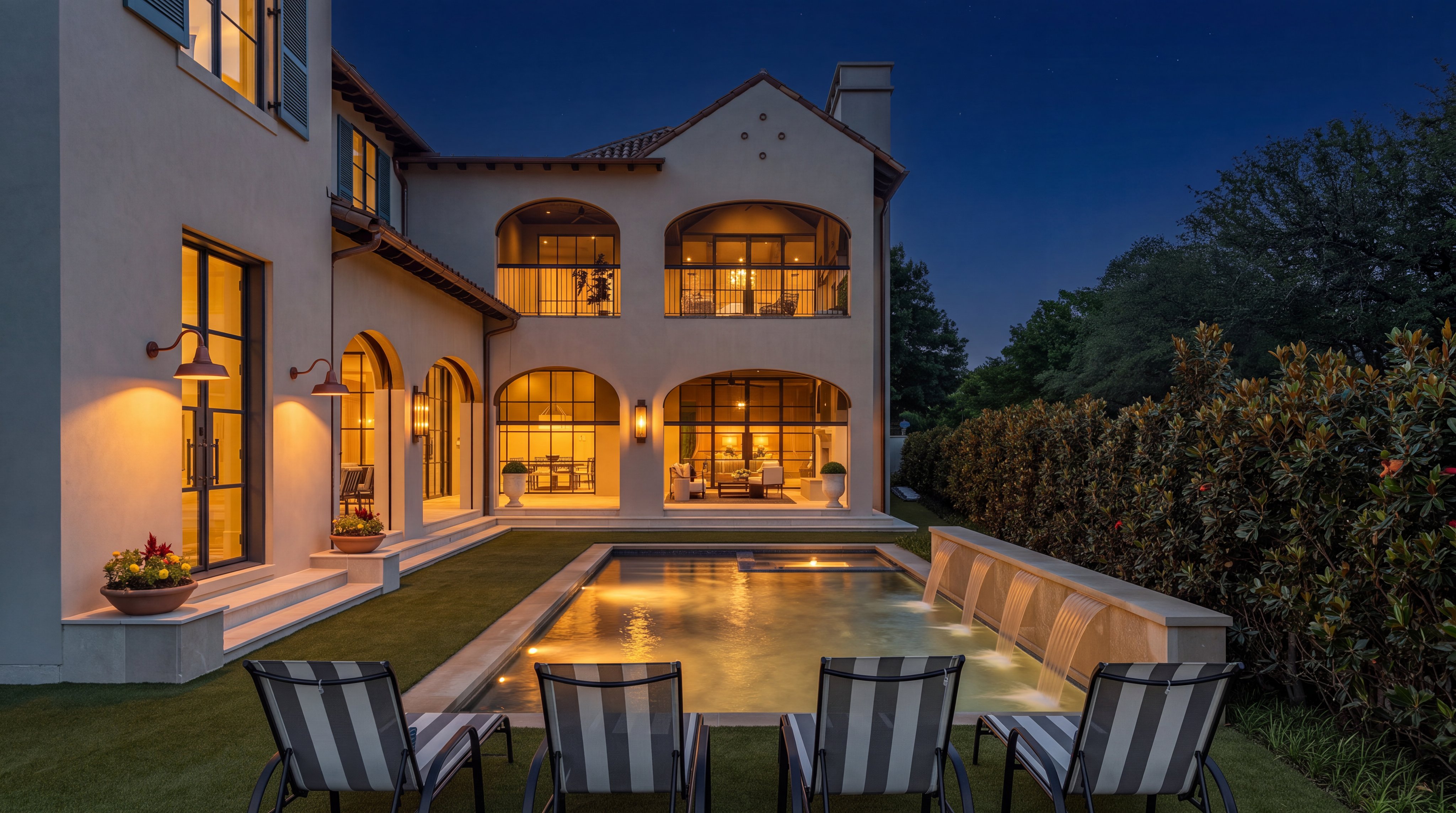 This elegant Mediterranean-style estate features a stunning rear exterior at dusk, highlighted by a glowing pool with integrated water features. The home boasts expansive arched loggias, sleek black-framed windows, and sophisticated outdoor lighting that illuminates the manicured lawn and four chaise lounge chairs. It offers a luxurious, resort-like atmosphere ideal for high-end outdoor entertaining.