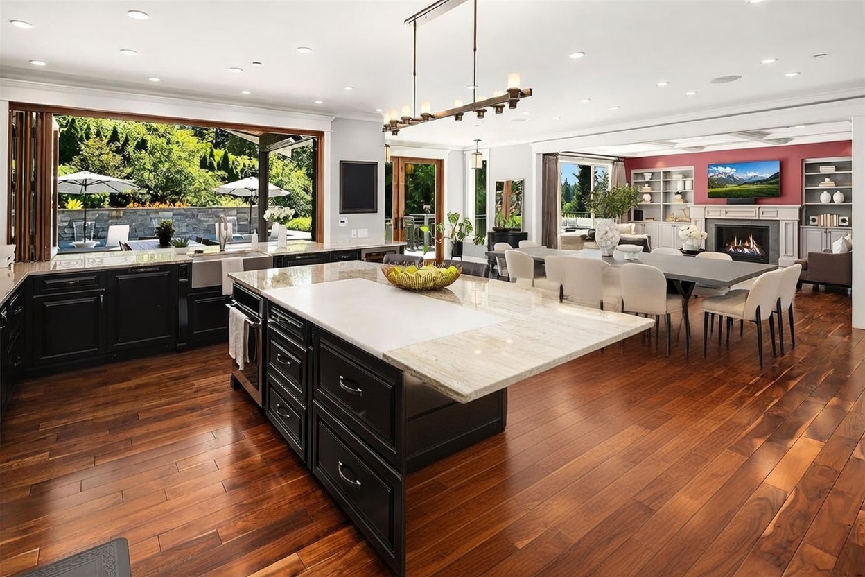 This expansive, open-concept kitchen features dark cabinetry contrasted by light stone countertops and rich wood flooring. A large central island with a built-in sink serves as a focal point, while the space flows seamlessly into a dining area and a living room with a fireplace. Large folding glass doors open the kitchen to an outdoor patio, creating a bright, airy atmosphere perfect for entertaining.