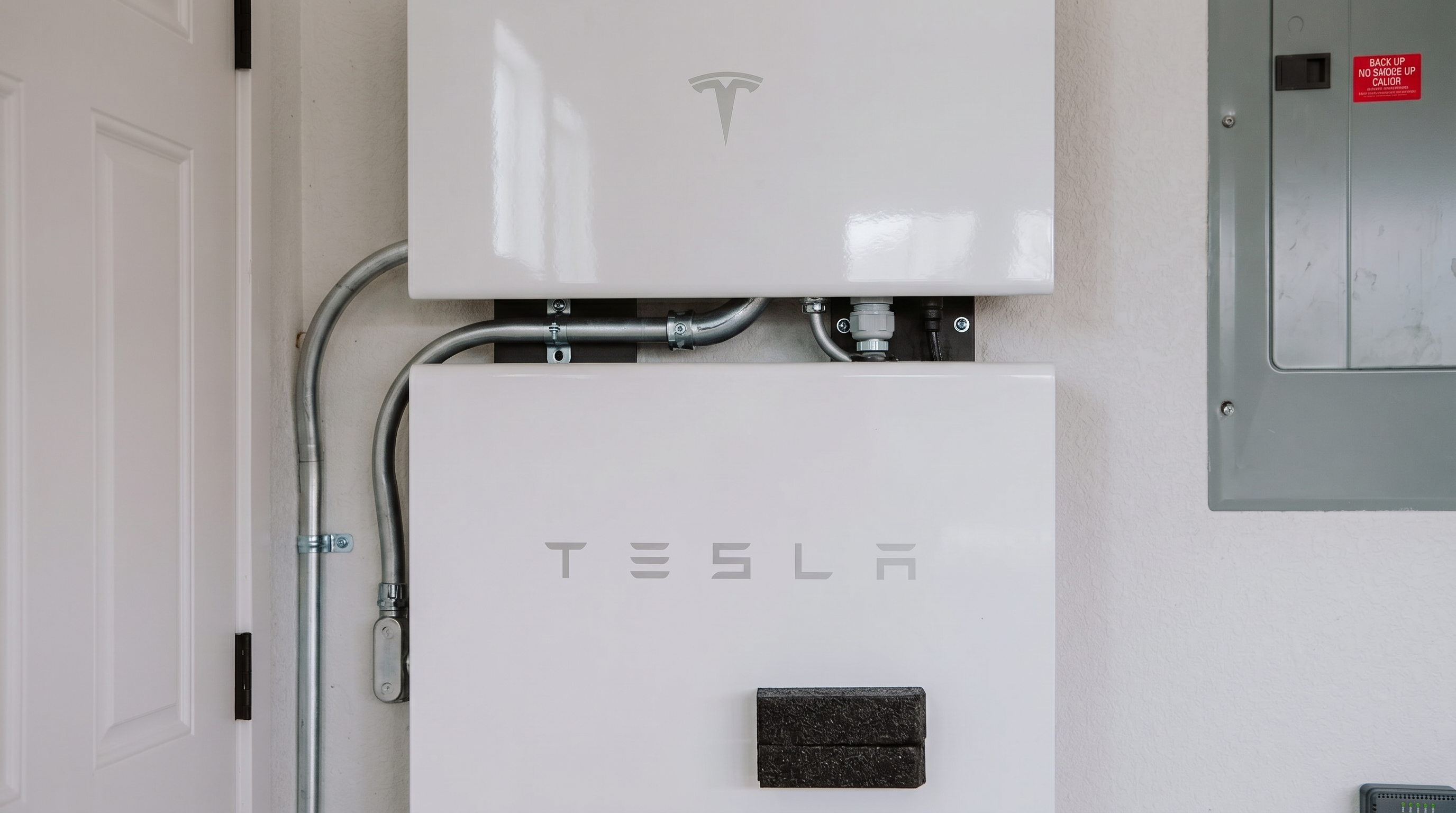 This image displays a Tesla Powerwall home energy storage system mounted on a garage wall next to a back-up load center panel. The installation is clean and professional, featuring well-routed electrical conduit for safe and efficient energy management. This high-end green energy feature is a significant value-add, highlighting modern, sustainable infrastructure for the home.