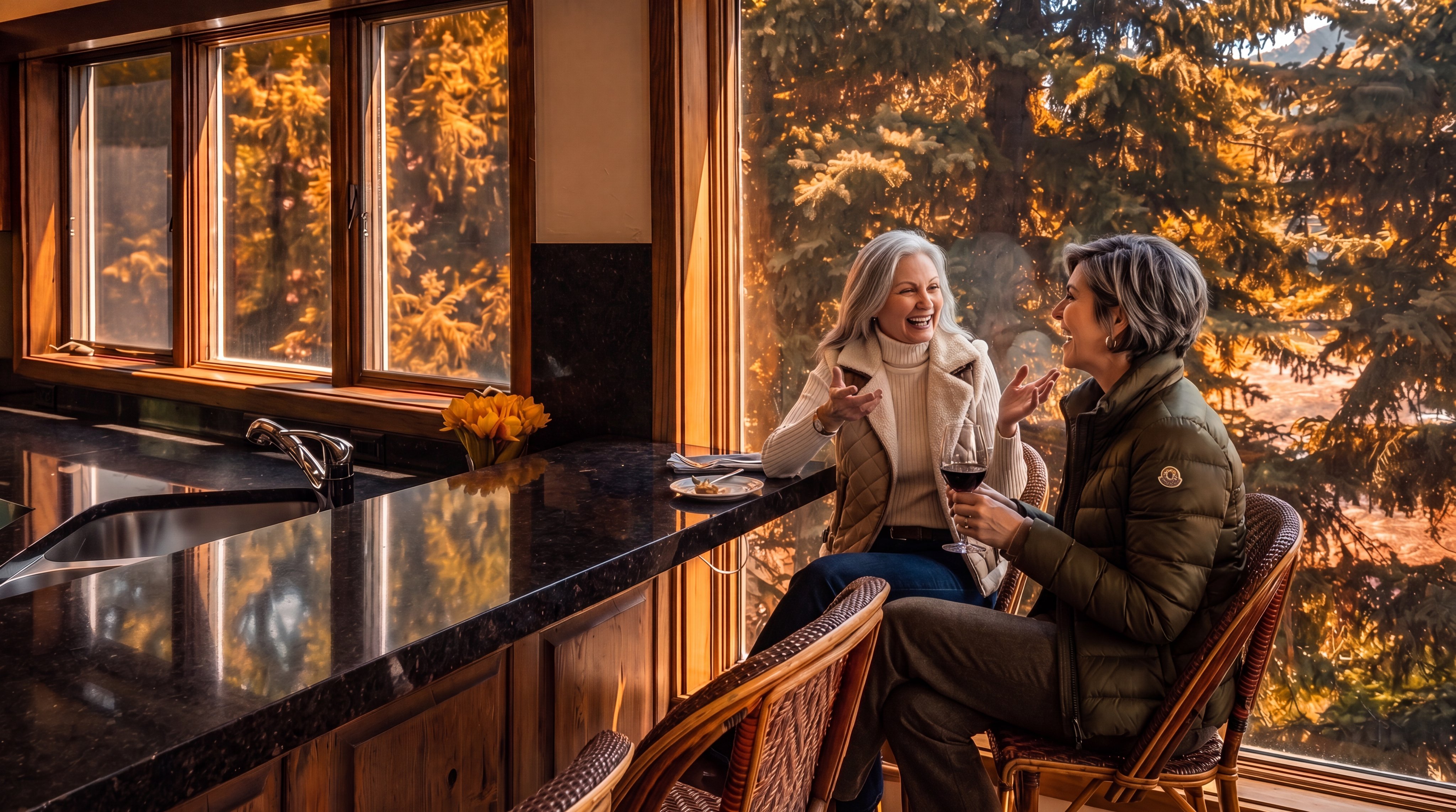 This kitchen area features a dark stone countertop with a breakfast bar setup, complemented by two woven rattan bar stools. Large windows provide an expansive view of the surrounding forest, creating a bright and natural atmosphere. The warm wood trim around the windows and cabinetry adds a rustic, cozy feel to the space.