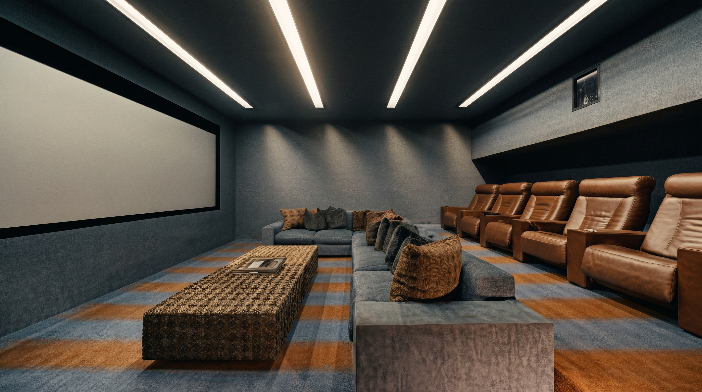 This image showcases a dedicated home theater room featuring a large projection screen and tiered seating. The space is furnished with a long, patterned ottoman in the foreground and multiple rows of comfortable, brown leather theater-style recliners. The room is finished with dark, modern ceiling lighting strips and a patterned carpet, creating an immersive cinematic environment.