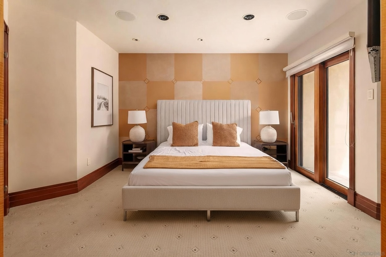 This primary bedroom features a central bed with a tall, upholstered headboard and matching footboard, accented by textured, square-patterned wall decor in warm, neutral tones. Two bedside tables with matching lamps flank the bed, while a large glass door to the right provides natural light and access to an outdoor space. The room is finished with light-colored carpeting and dark wood trim, creating a sophisticated and tranquil atmosphere.