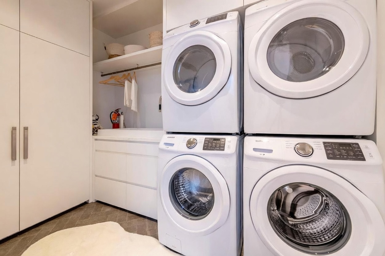 This clean and modern laundry room features a stacked washer and dryer set alongside a side-by-side washer and dryer unit. The space includes white cabinetry, a utility sink, and a hanging rod for garments, all set against a neutral backdrop with patterned tile flooring. A soft, circular rug adds a touch of comfort to the functional, well-organized workspace.