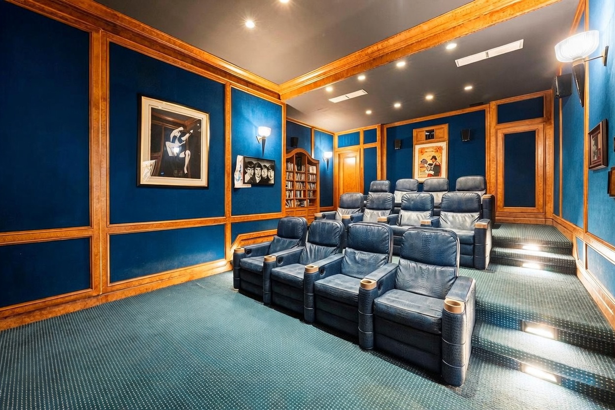 This dedicated home theater room features tiered seating with eight blue leather recliners arranged in two rows. The walls are adorned with blue fabric panels framed by wood trim, complemented by a patterned carpet and recessed ceiling lighting. The space is decorated with framed artwork and includes a built-in bookshelf, creating a classic and immersive cinematic environment.