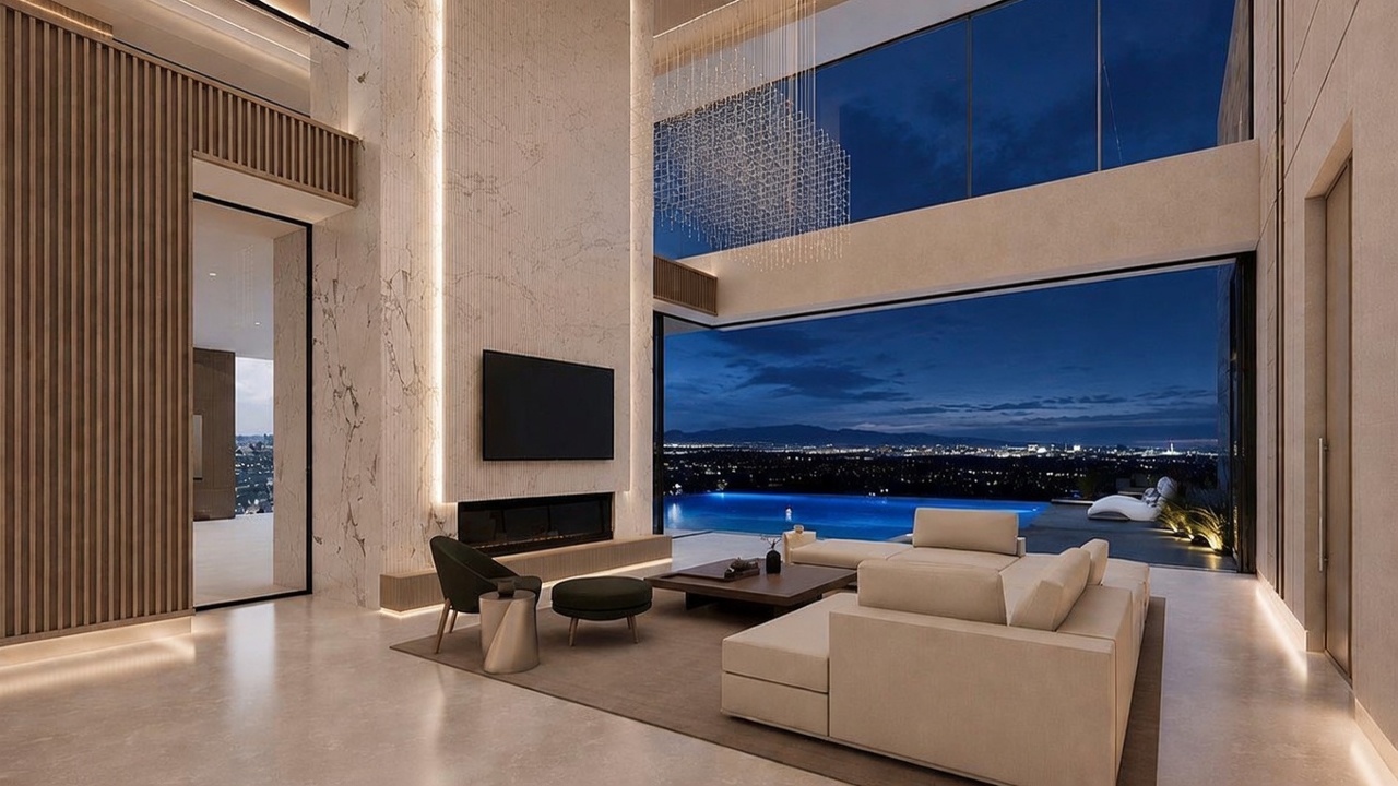 This expansive, modern living room features a dramatic, full-height stone-clad chimney breast that serves as a central focal point. The space is defined by large glass walls that offer an unobstructed view of a private infinity pool and the city lights beyond. A neutral-toned sectional sofa and minimalist coffee table are arranged on a large area rug, creating a sophisticated and airy atmosphere.