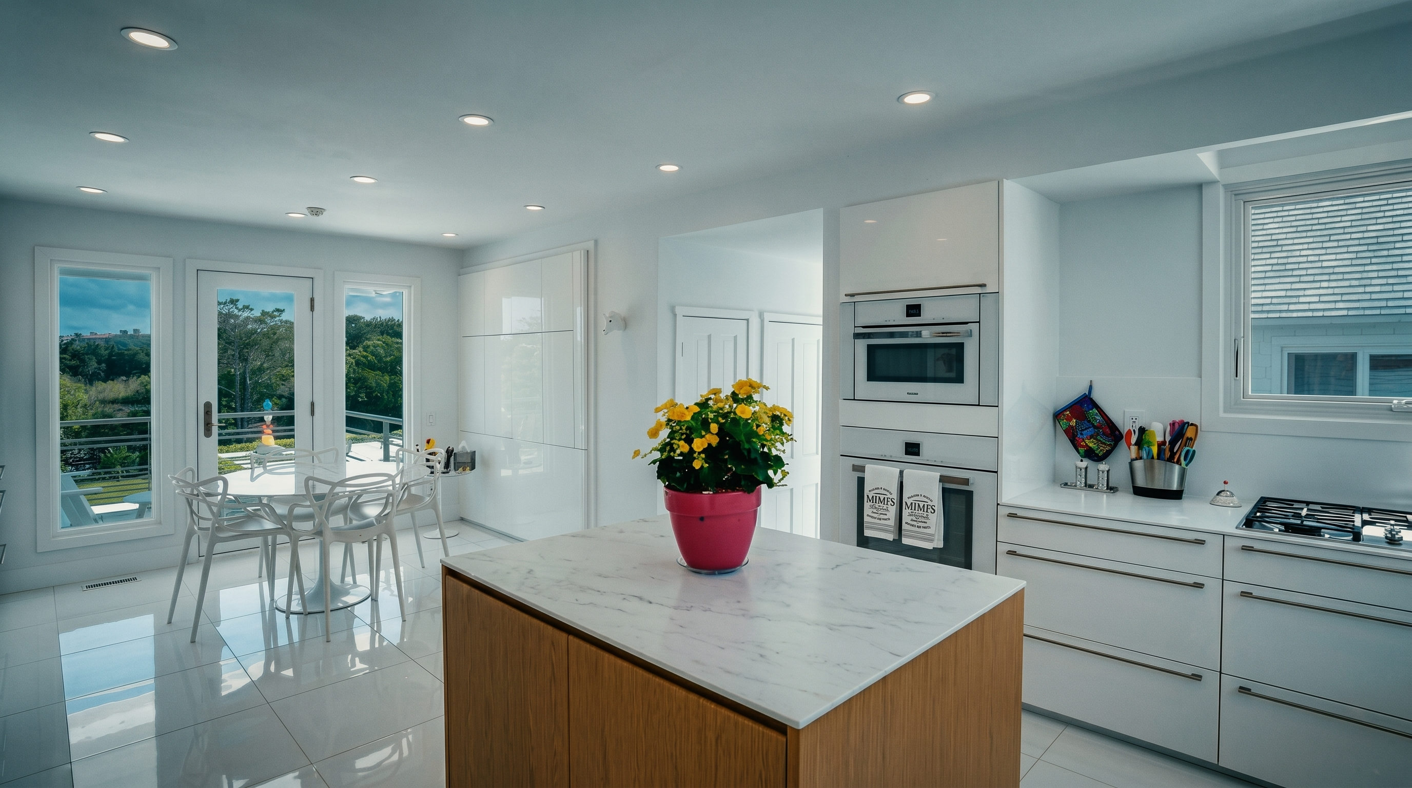 This bright, modern kitchen features a central island with a light wood base and a white countertop, topped with a vibrant pink pot containing yellow flowers. The space is equipped with sleek white cabinetry, built-in wall ovens, and a gas cooktop, all set against a backdrop of glossy white tile flooring. Large windows and a glass door provide ample natural light and a view of the outdoor greenery, creating an airy and inviting atmosphere.