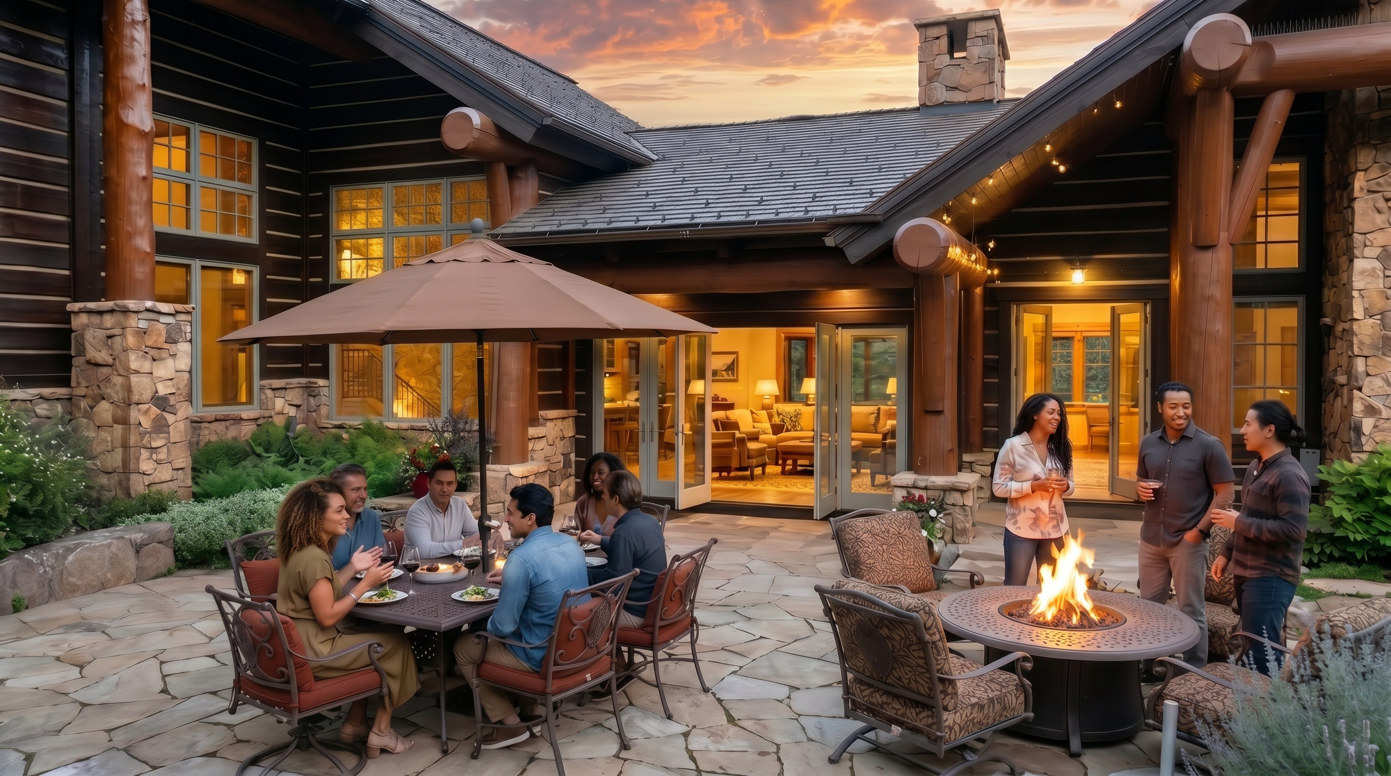 This image showcases the rear exterior of a luxurious log cabin home, featuring a stone patio with outdoor dining and seating areas, including a fire pit. The architecture blends natural materials like wood and stone, complemented by a well-maintained garden and a backdrop of mountains and a vibrant sunset sky. The scene evokes a sense of upscale outdoor living and relaxation.