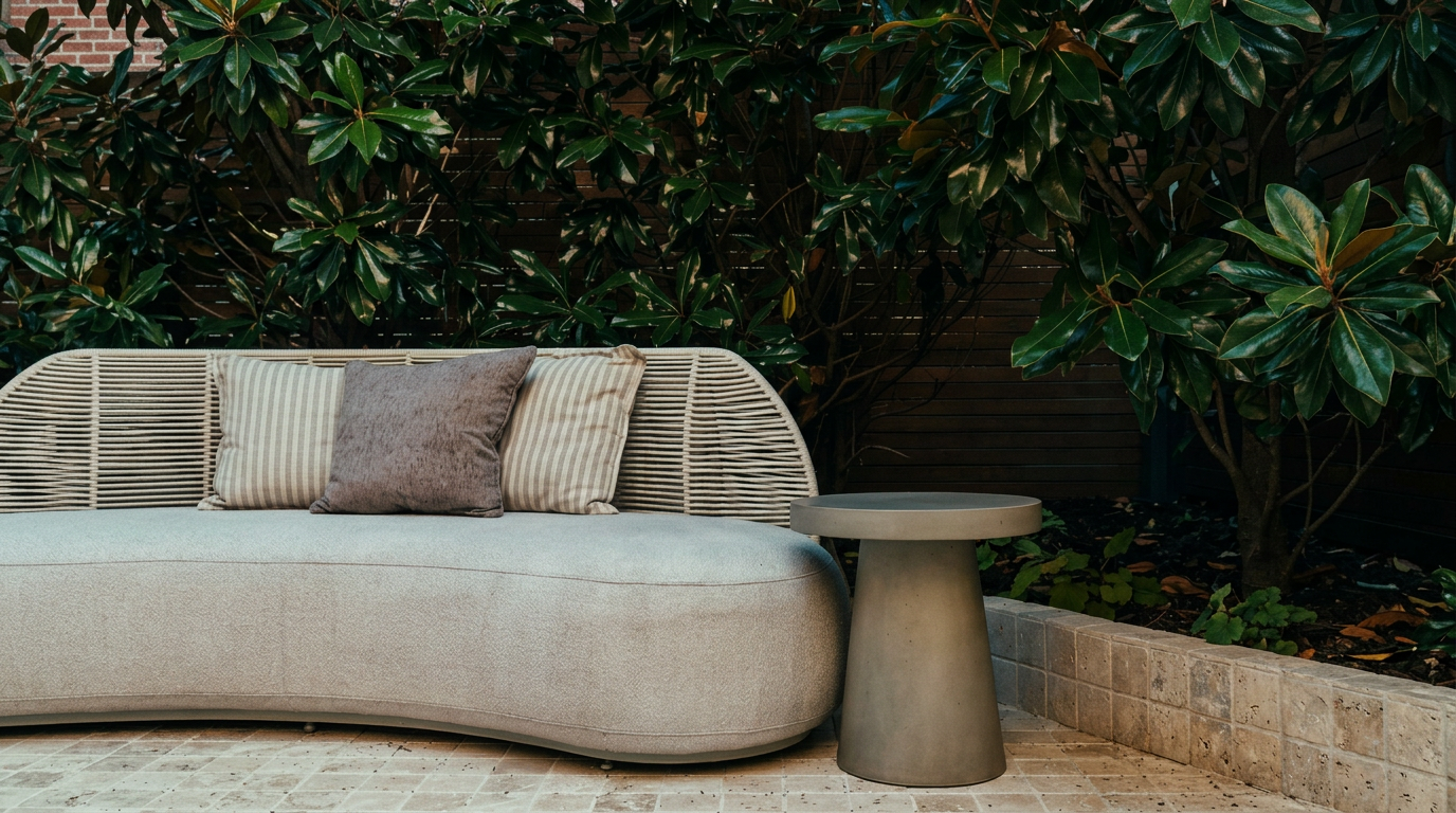 This serene outdoor lounge area features a modern, curved sofa with textured upholstery and striped accent pillows, paired with a minimalist concrete pedestal side table. The setting is nestled against a lush, leafy green hedge and a dark horizontal wood-slat fence, creating a private and tranquil atmosphere. The light-colored stone patio flooring adds a clean, sophisticated touch to this inviting relaxation space.