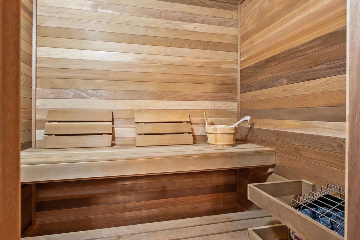 This image shows the interior of a wood-paneled sauna, featuring a built-in bench with two backrests and a wooden bucket with a ladle. To the right, a heater unit filled with dark stones is visible, indicating a functional home spa space. The warm, natural wood tones create a cozy and relaxing atmosphere typical of a private wellness amenity.