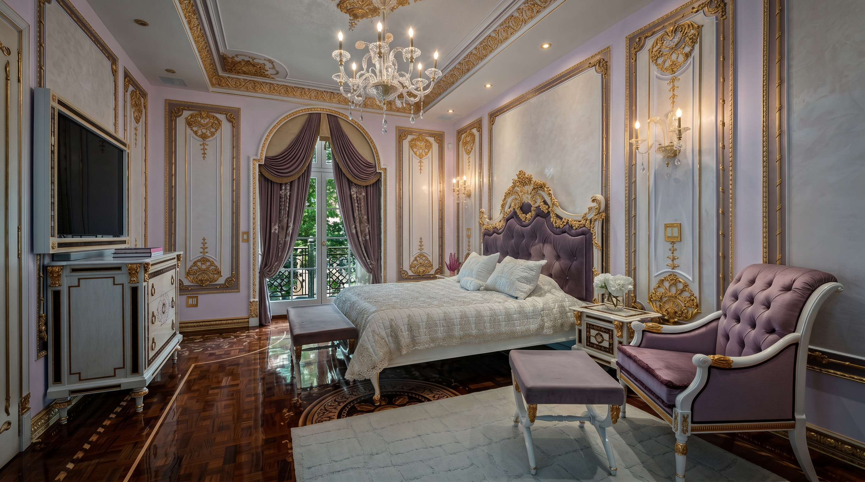 This opulent primary bedroom exudes a regal, neoclassical aesthetic, featuring intricate gold-leaf molding, a crystal chandelier, and a plush purple tufted headboard. The room is anchored by a rich, dark-stained parquet floor and a light-colored area rug, with a matching purple armchair and ottoman providing a sophisticated seating area. A large arched window with elegant drapery allows natural light to filter in, highlighting the luxurious textures and ornate architectural details throughout the space.
