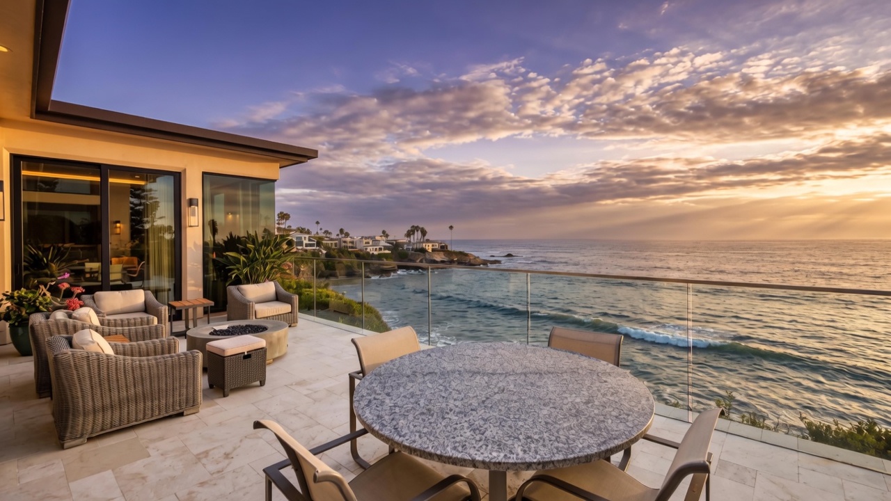 This expansive oceanfront terrace offers a luxurious outdoor living space with a dining area and a cozy lounge section featuring a circular fire pit. The space is defined by light-toned stone flooring and a sleek glass railing that provides an unobstructed, panoramic view of the coastline and deep blue sea. Large sliding glass doors connect the interior to this elevated deck, creating a seamless transition for indoor-outdoor entertaining.