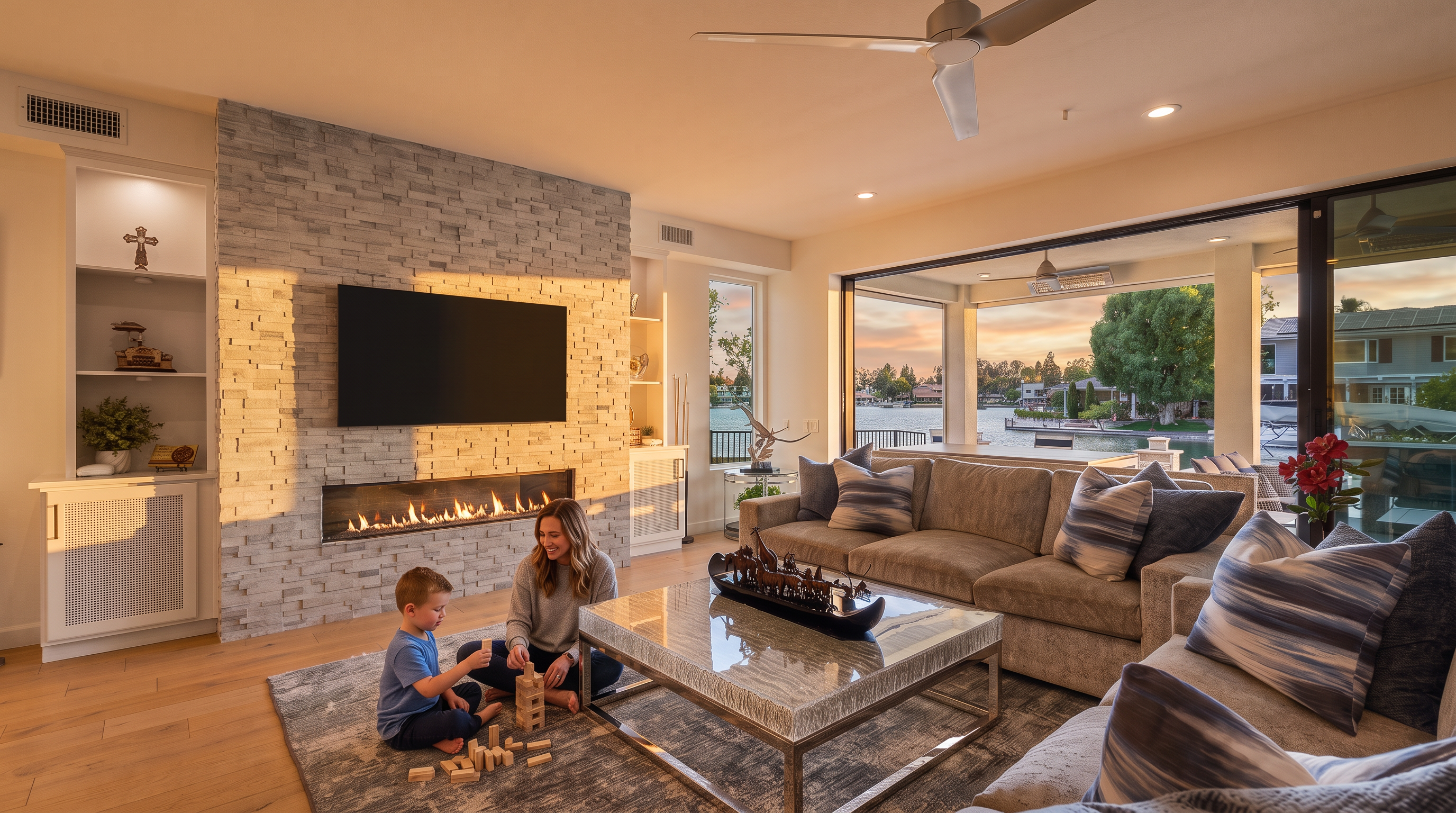 This bright and airy living room features a prominent stacked-stone chimney breast housing a wide, linear fireplace and a wall-mounted television. A large, plush sectional sofa faces the fireplace, centered around a glass-topped coffee table on a textured area rug. The space seamlessly transitions to an outdoor patio through expansive sliding glass doors that offer a clear view of the waterfront.