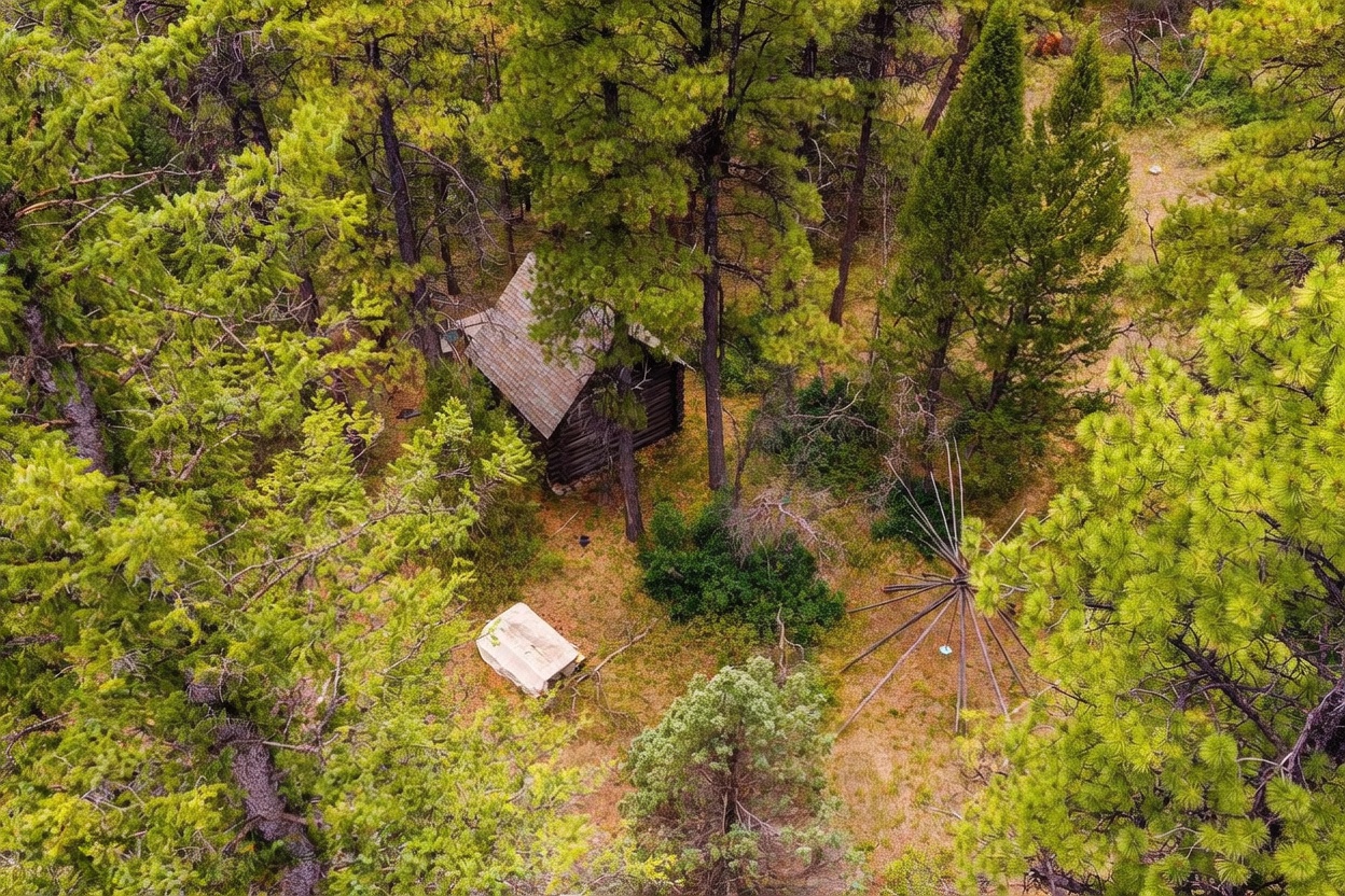 This high-angle aerial view captures a rustic log cabin nestled deep within a dense, evergreen forest. The property features a small, rectangular structure with a shingled roof, a nearby rectangular stone feature, and a unique teepee-style wooden frame structure set among the trees. The perspective emphasizes the secluded, natural setting and the wooded landscape surrounding the cabin.