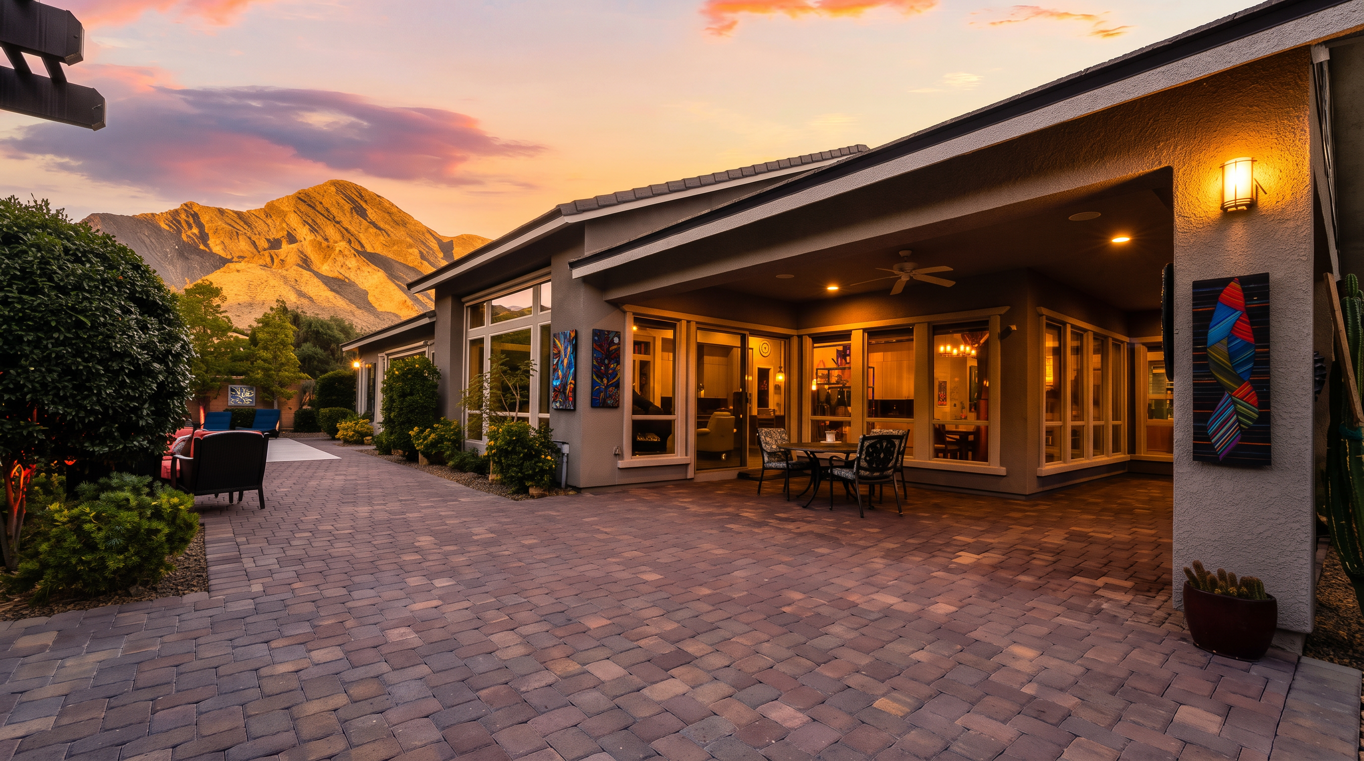 This stunning exterior patio space features a paved brick surface, a covered dining area, and large glass doors connecting the indoor and outdoor living environments. The setting is enhanced by beautiful desert landscaping and breathtaking views of the rugged mountains at sunset. It offers a sophisticated, inviting atmosphere perfect for outdoor entertaining.