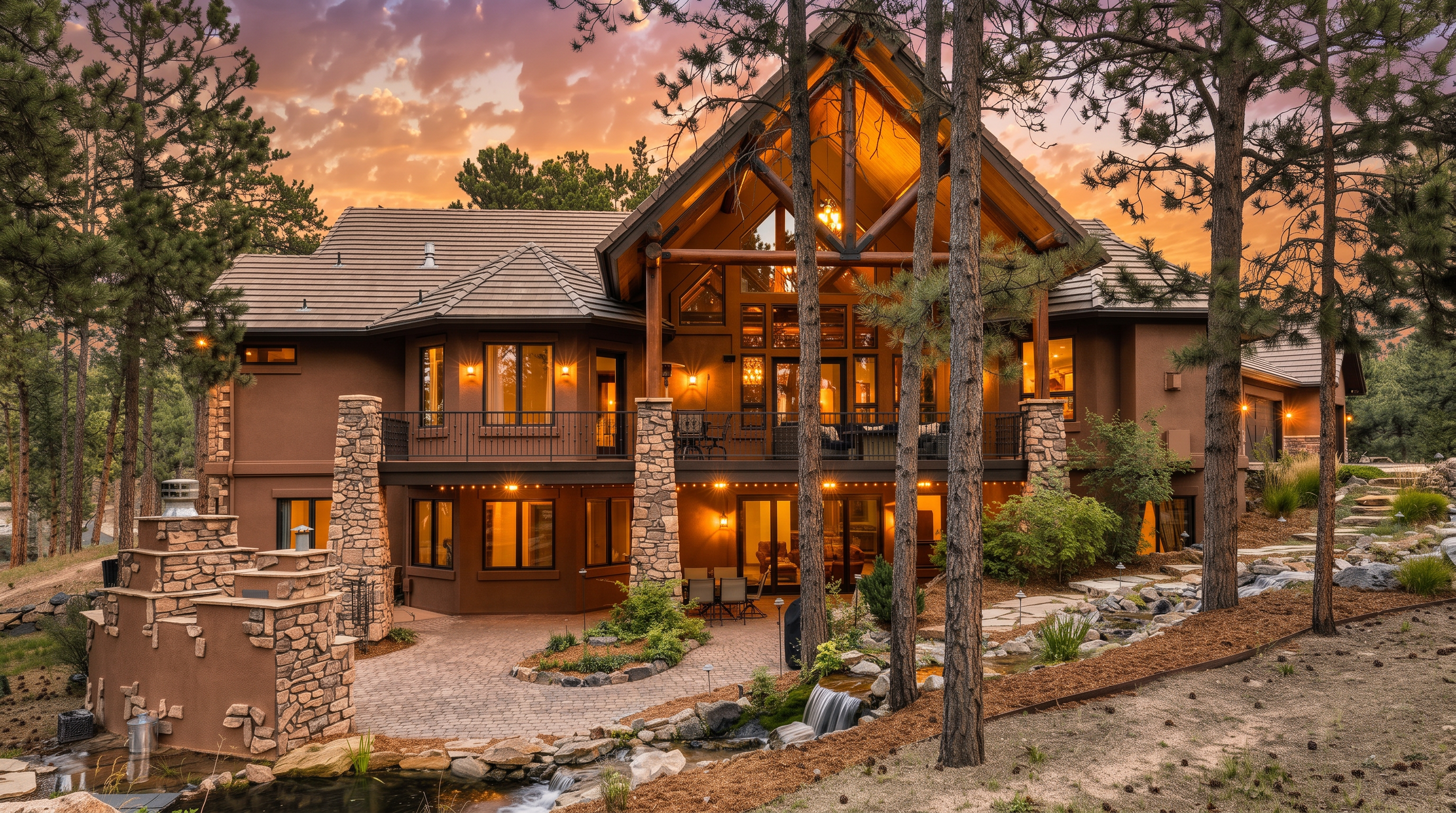 This impressive mountain-style residence is captured from the rear, showcasing a multi-level design with a prominent timber-framed gable and expansive glass windows. The home features a stone-clad chimney breast, a spacious upper balcony with iron railings, and a lower-level stone patio that integrates seamlessly with a landscaped water feature and stream. The warm, ambient lighting against the twilight sky creates an inviting and luxurious atmosphere, highlighting the home's architectural connection to its wooded surroundings.